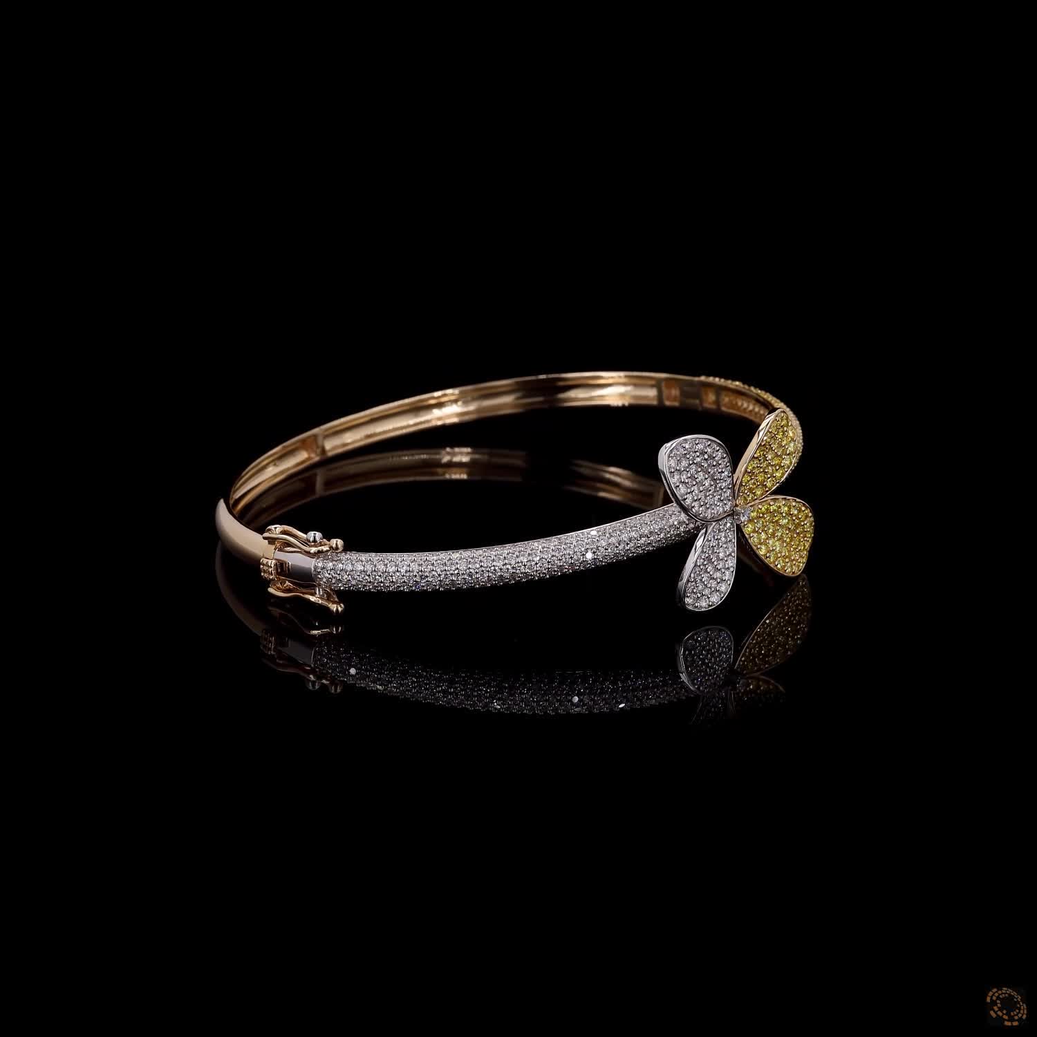 4.86 Ct Two-Tone Diamond Butterfly Bangle Bracelet – 14K Gold Pavé Diamond & Yellow Floral Cuff Jewelry