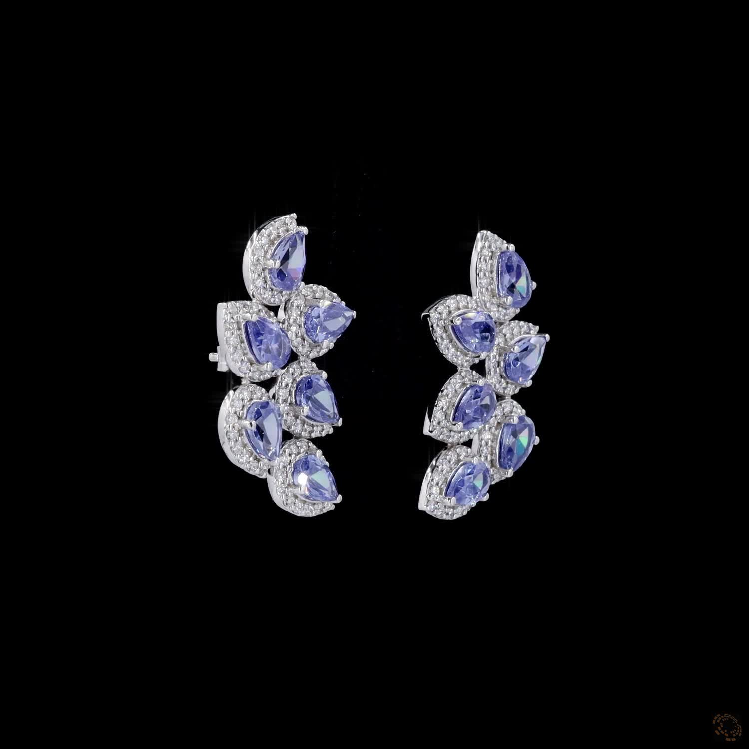1.00 Ct hite Gold Tanzanite & Diamond Halo Cluster Spray Earrings