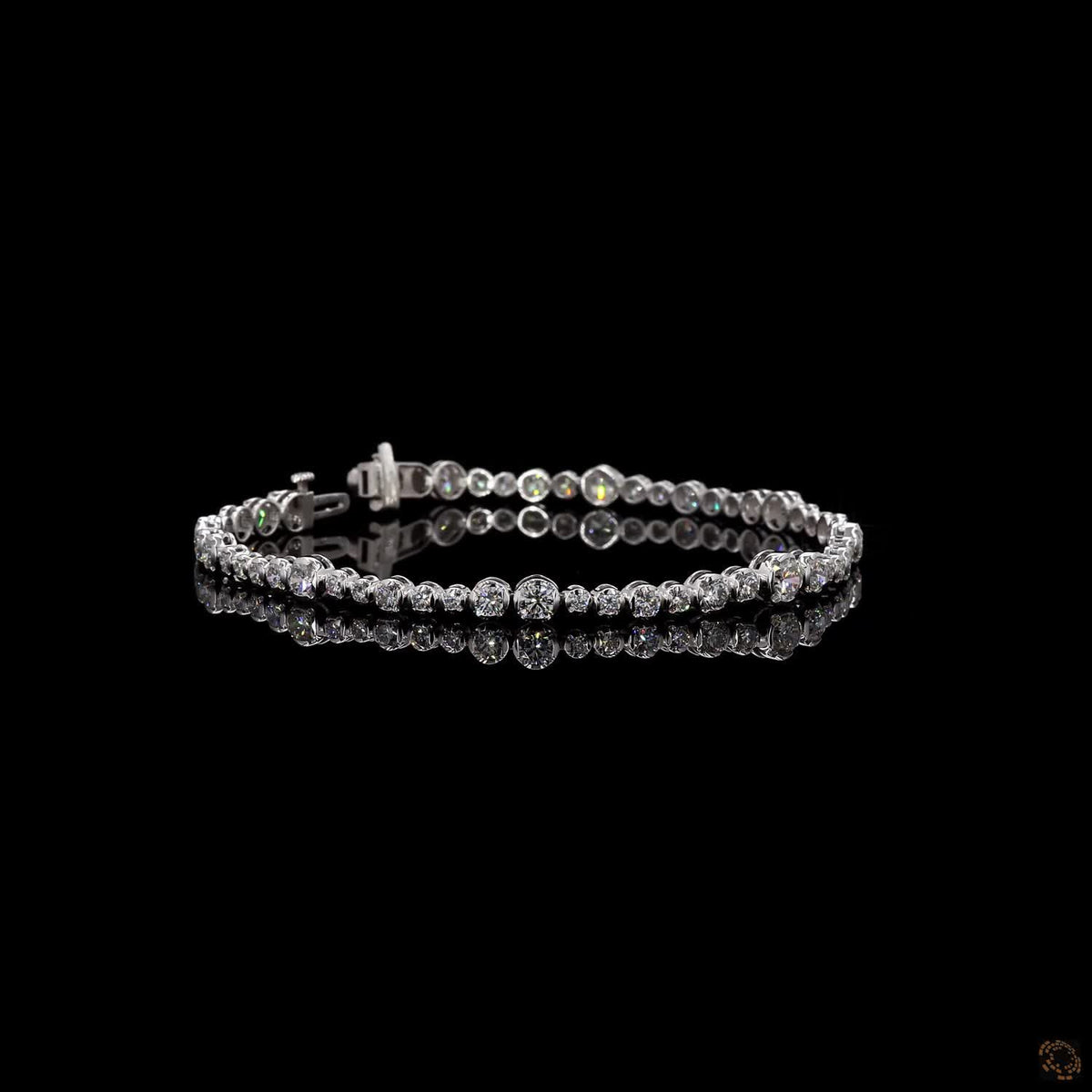 6.33 Ct 4K White Gold Graduated Round Cut Bezel Fancy Bracelet with Double Latch Box Clasp