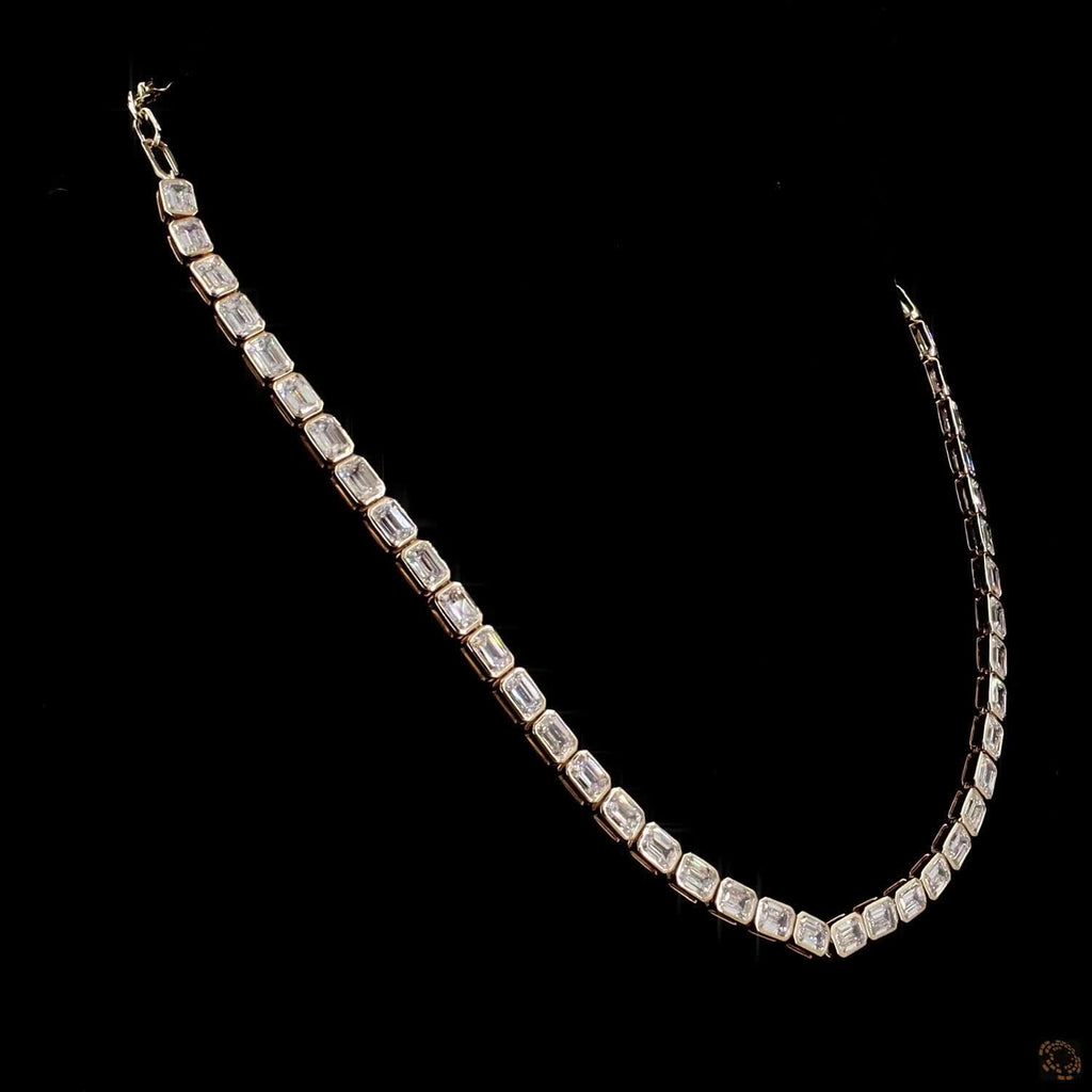 16.11 Ct Bezel Set Emerald Cut Lab Grown Diamond Tennis Necklace | Minimalist Luxury Jewelry
