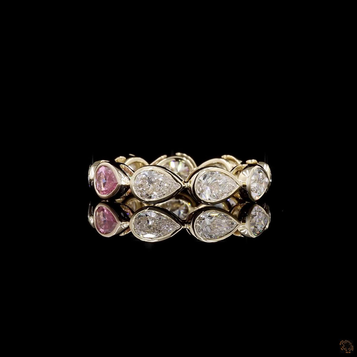 2.48 Ct Pear Diamond Bezel Eternity Band | Gold East-West Diamond & Pink Sapphire Ring