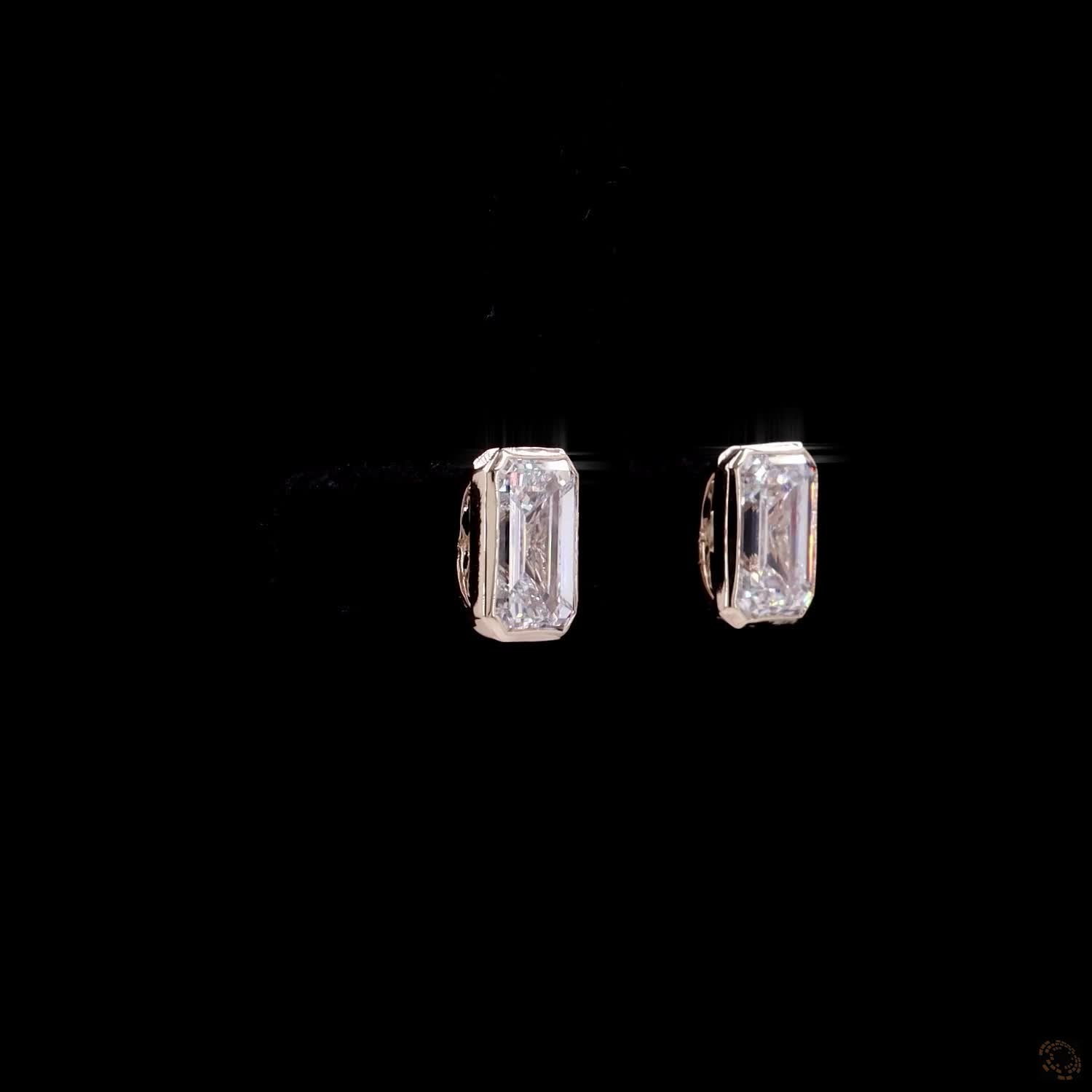 3.15 Ct  Yellow  Gold Emerald Cut Solitaire Bezel Set Stud Earrings