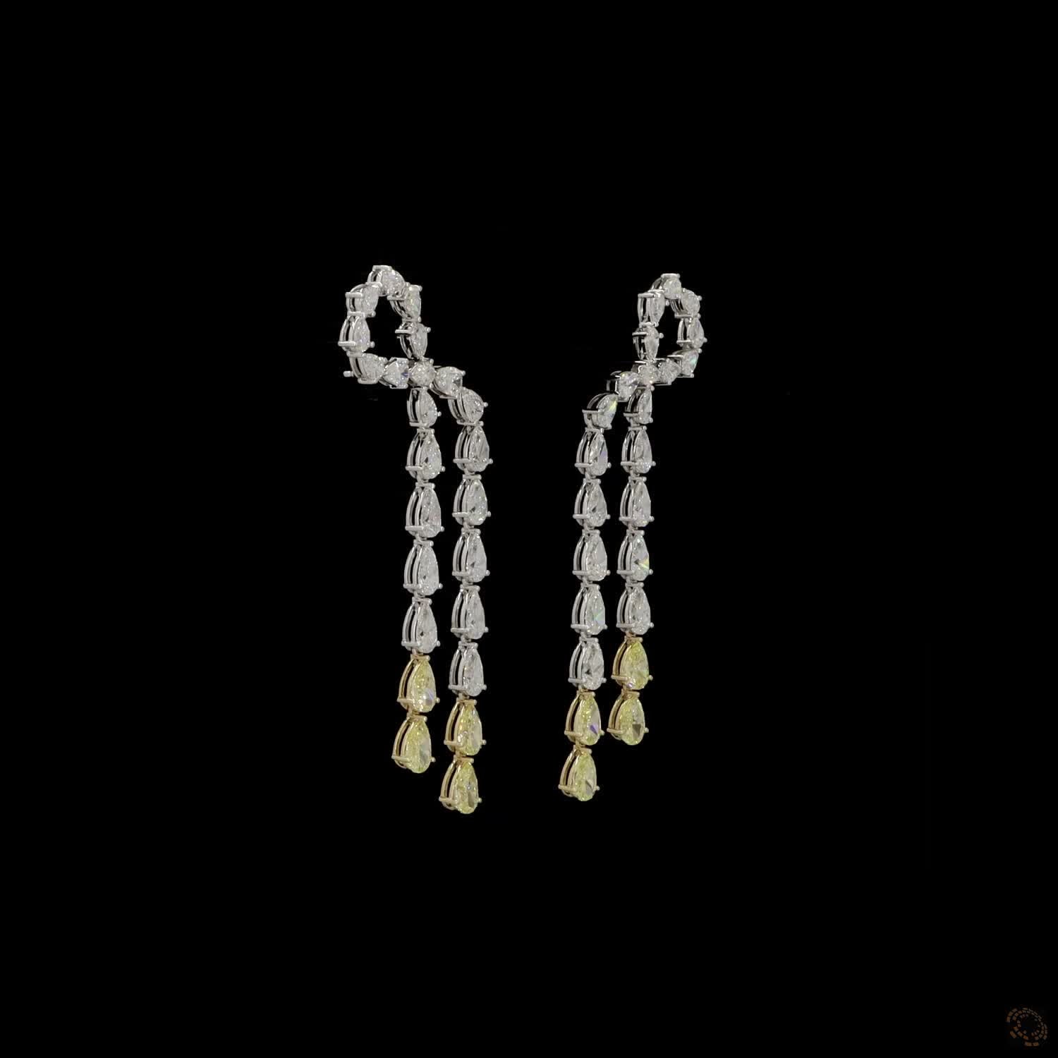 14.88 Ct Pear Cut Diamond Bow Ribbon Waterfall Drop Earrings | White & Fancy Yellow Diamond Dangle Earrings