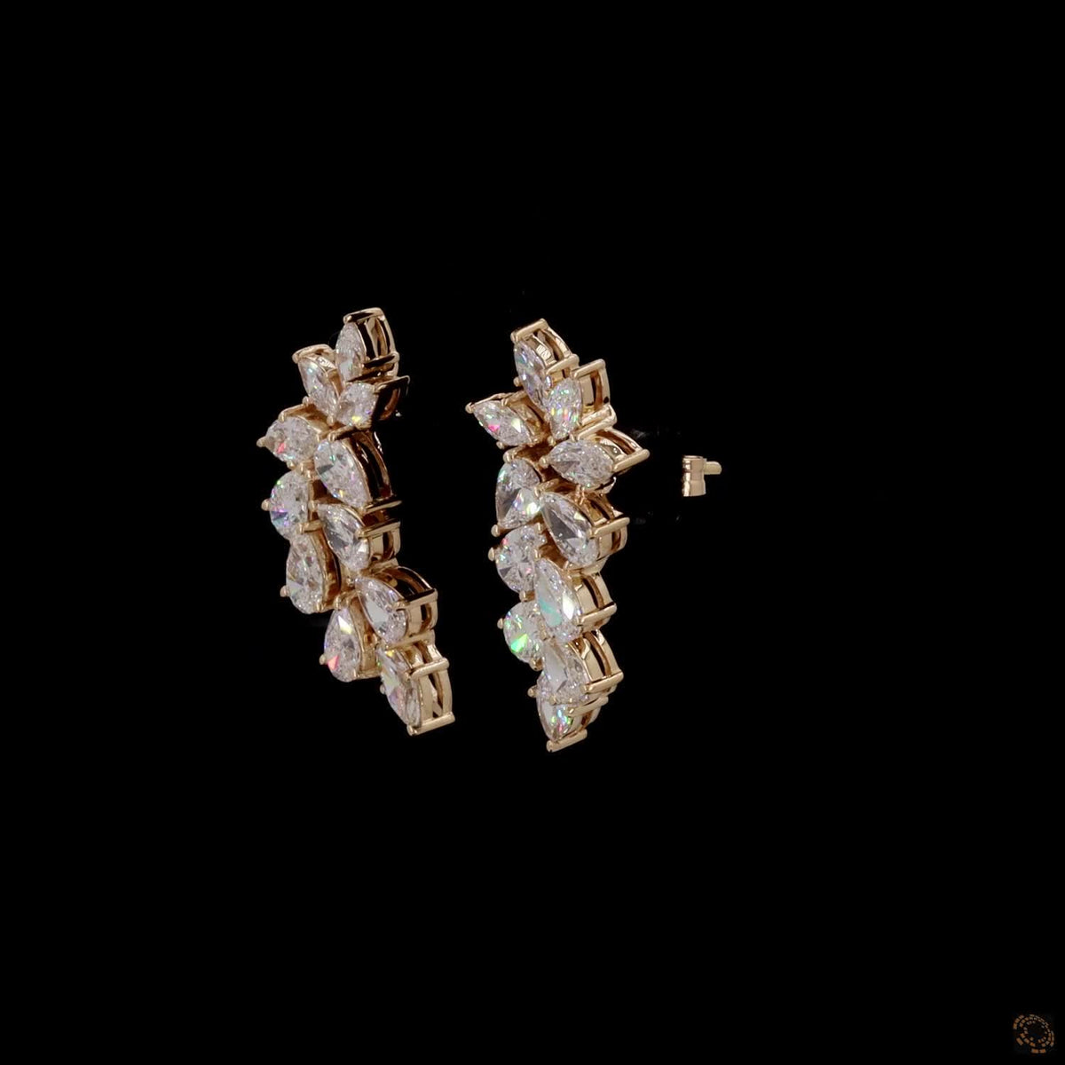 4.4 Ct Multi-Shape Ear Crawlers, Yellow Gold Leaf Cluster Earrings, Statement Bridal Vine Jewelry