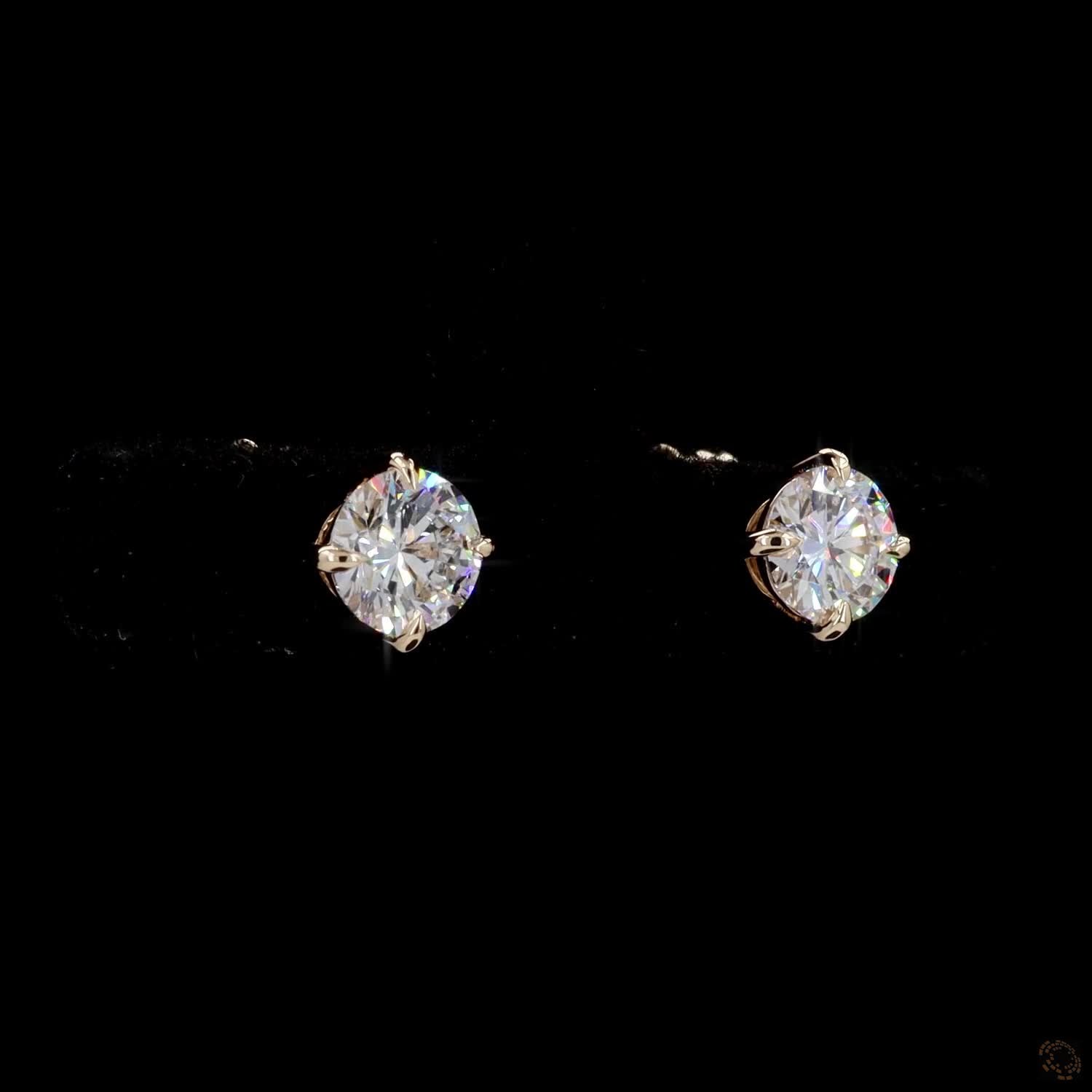 0.94 Ct Round Cut Diamond Solitaire Stud Earrings in 14K Yellow Gold | Compass-Set 4-Prong Single Claw Basket Studs