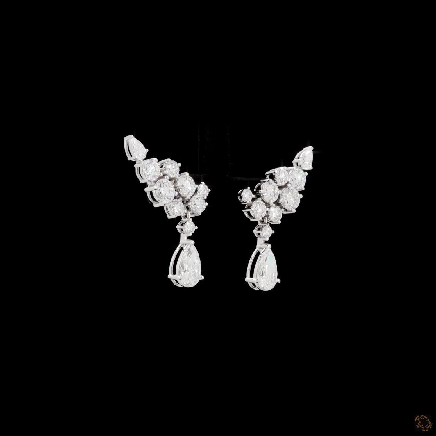 8.07 Pear and Round Diamond Winged Cluster Drop Earrings