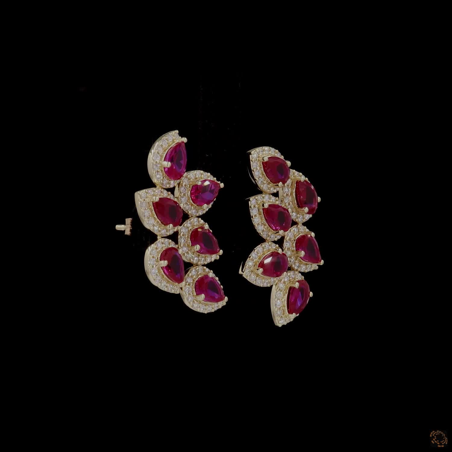 0.95  Ct Pear Cut Ruby & Diamond Halo Ear Climbers | Gold Leaf Cluster Earrings