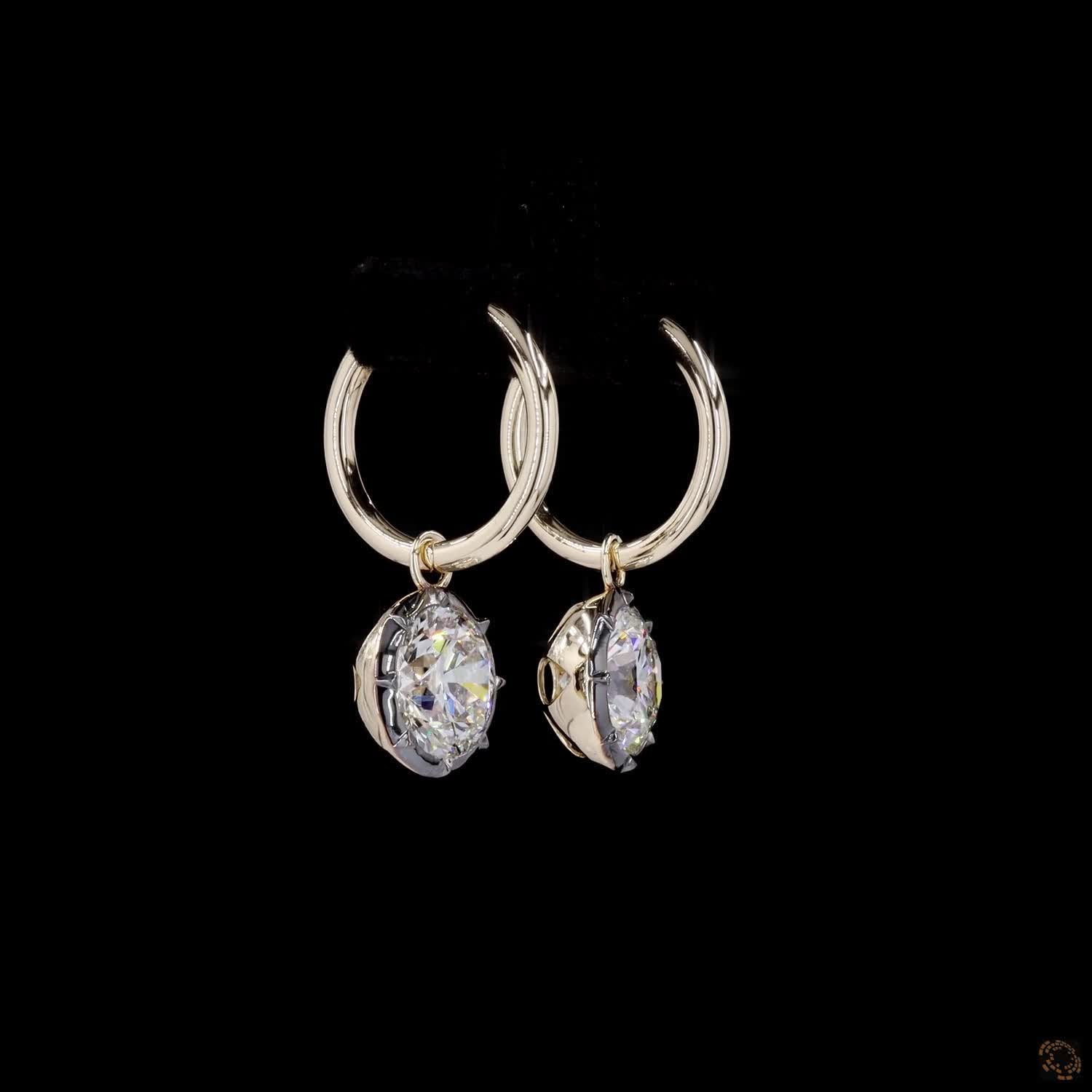6.00 Ct 14K  Round Solitaire Diamond Dangle Hoop Earrings – Blackened Bezel Framed Charm Drops