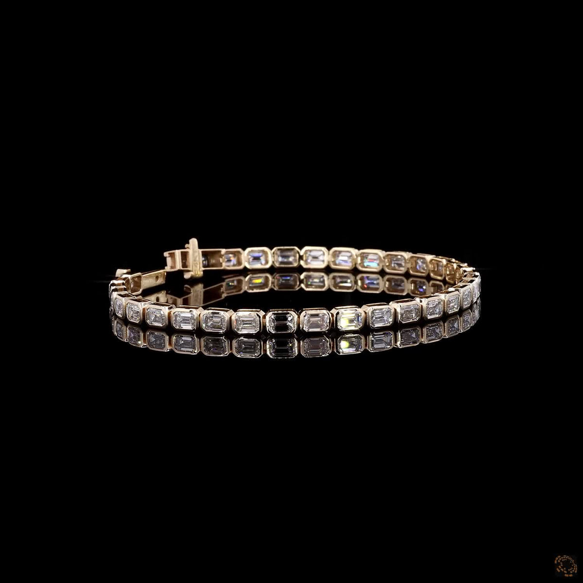 8.71 Ct East-West Emerald Cut Bezel SeTennis  Bracelet in 14K Yellow Gold | Bezel Step Cut Eternity Line Bracelet