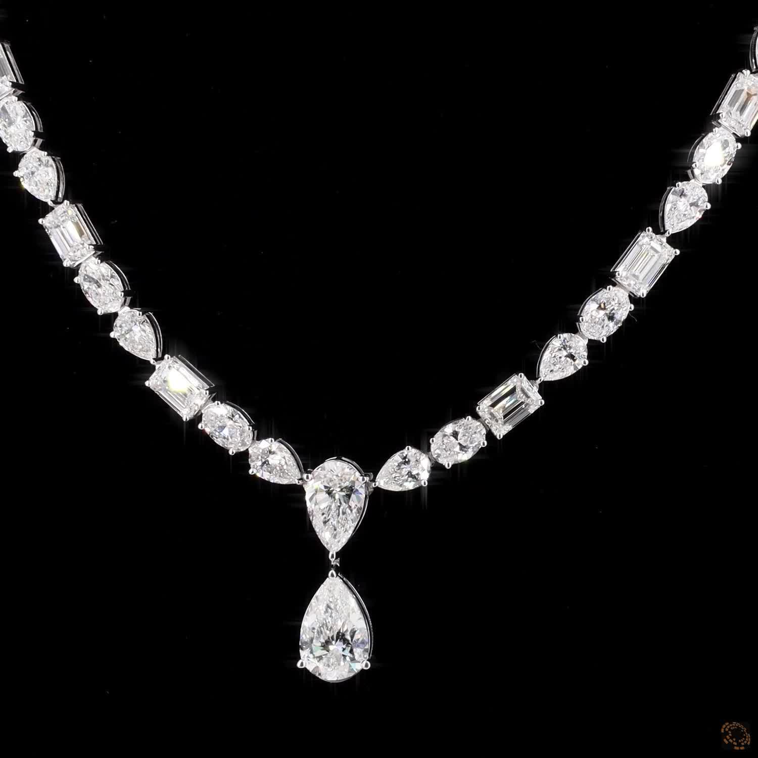 31.86 Ct Multi-Shape Diamond Tennis Necklace with Pear Drop | Mixed Cut Fancy Diamond Riviera Necklace in White Gold