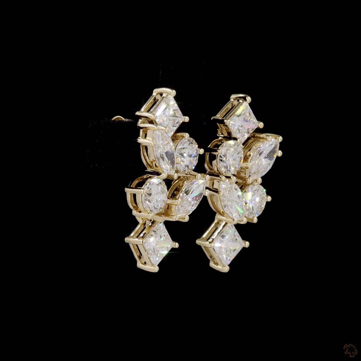 5.62 Ct Yellow Gold Multi-Cut Earrings, Geometric Cluster Ear Climbers, Unique Bridal & Evening Fine Jewelry