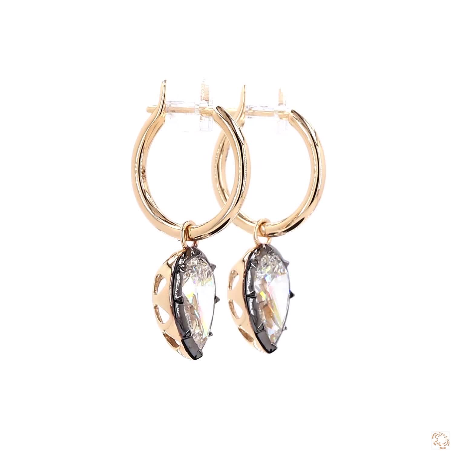 4.16 Ct Black Rhodium Pear Cut Diamond Drop Huggie Earrings in 14K Gold | Two-Tone Teardrop Hoops