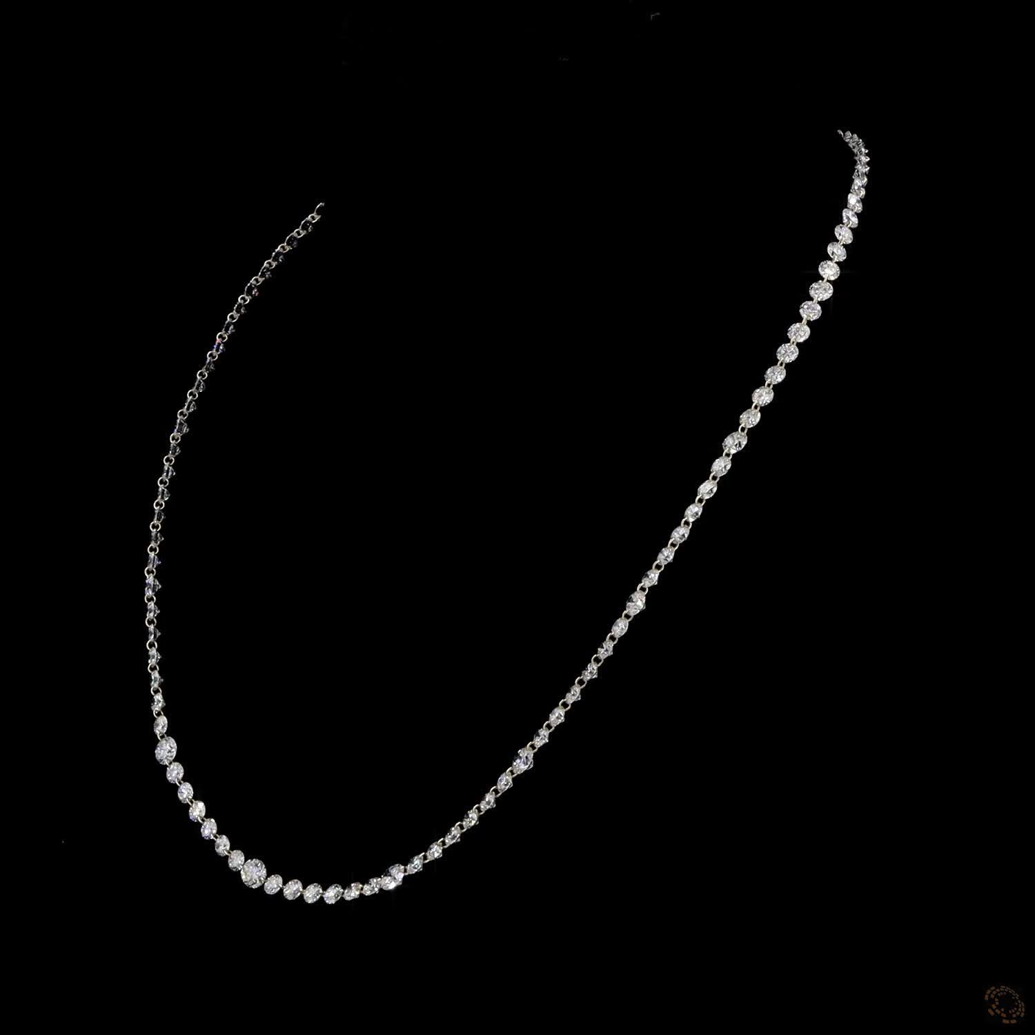 22.87 Ct graduated diamond tennis necklace, round brilliant diamond Riviera necklace, classic diamond choker, floating diamond strand, yellow gold prong-set diamond necklace