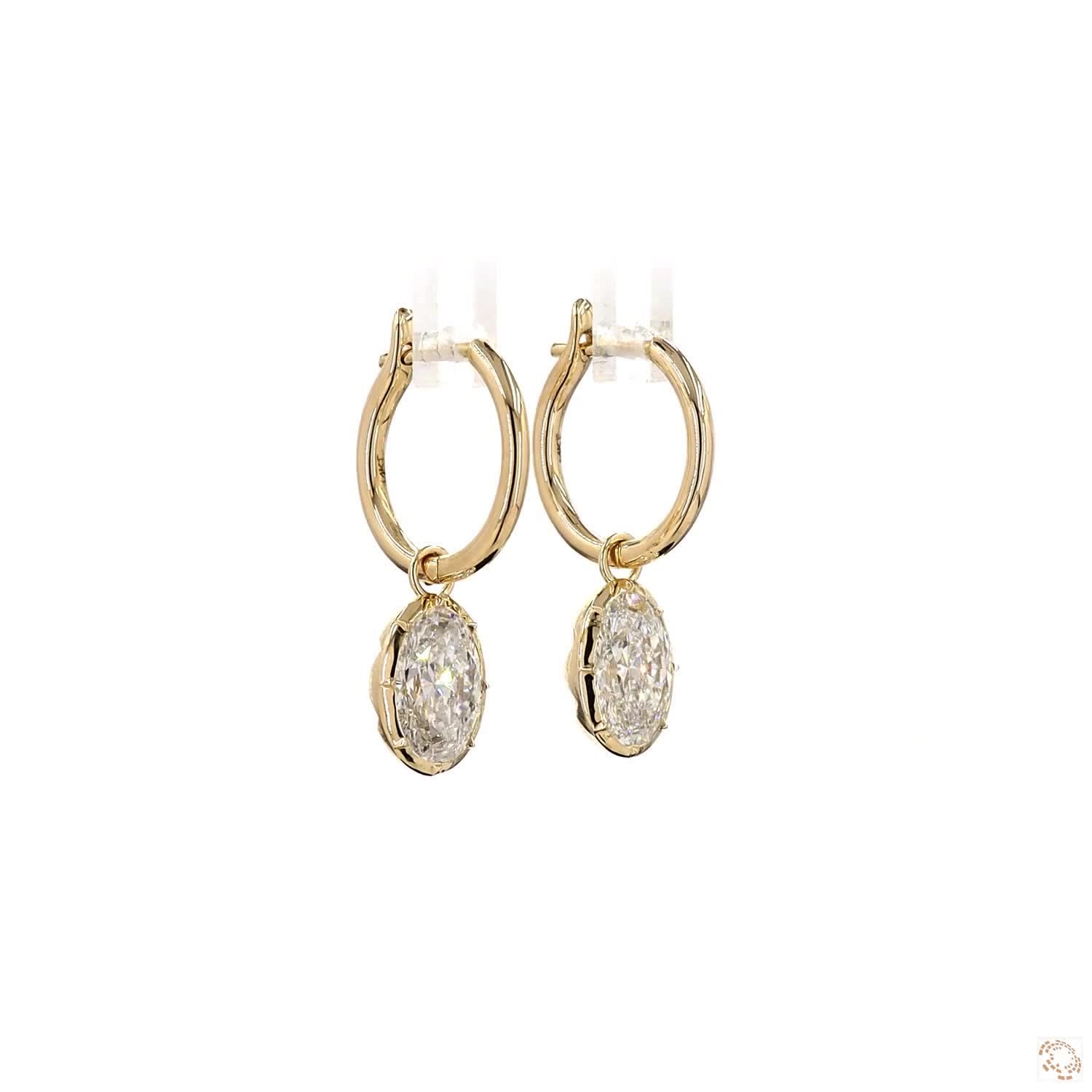 4.25 ct Oval Diamond Dangle Huggie Hoop Earrings, Solid 14K Yellow Gold Solitaire Drop Earrings