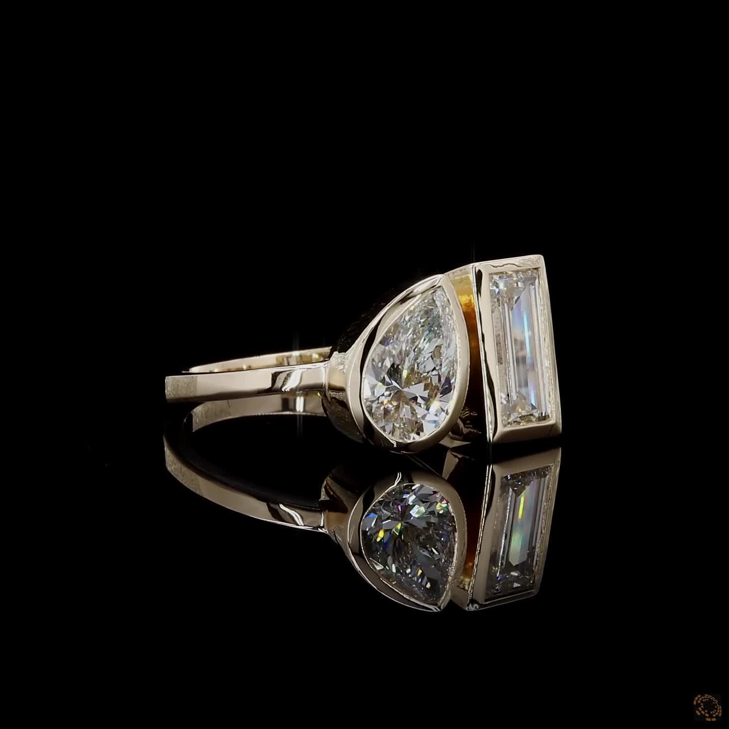 1.97 Cts Pear & Baguette Cut Lab Grown Diamond Ring 14k Yellow Gold