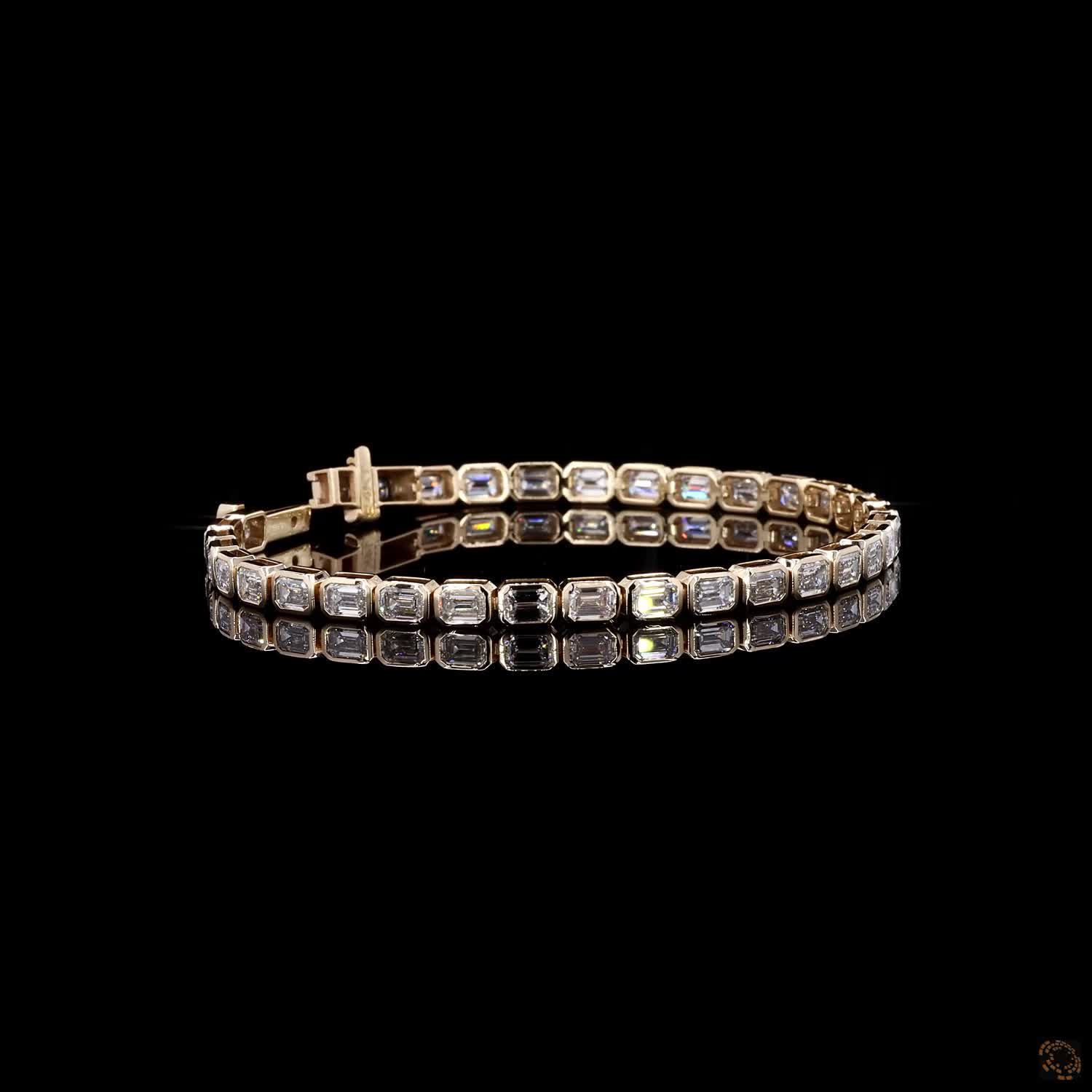 8.71 Ct East-West Emerald Cut Bezel SeTennis  Bracelet in 14K Yellow Gold | Bezel Step Cut Eternity Line Bracelet