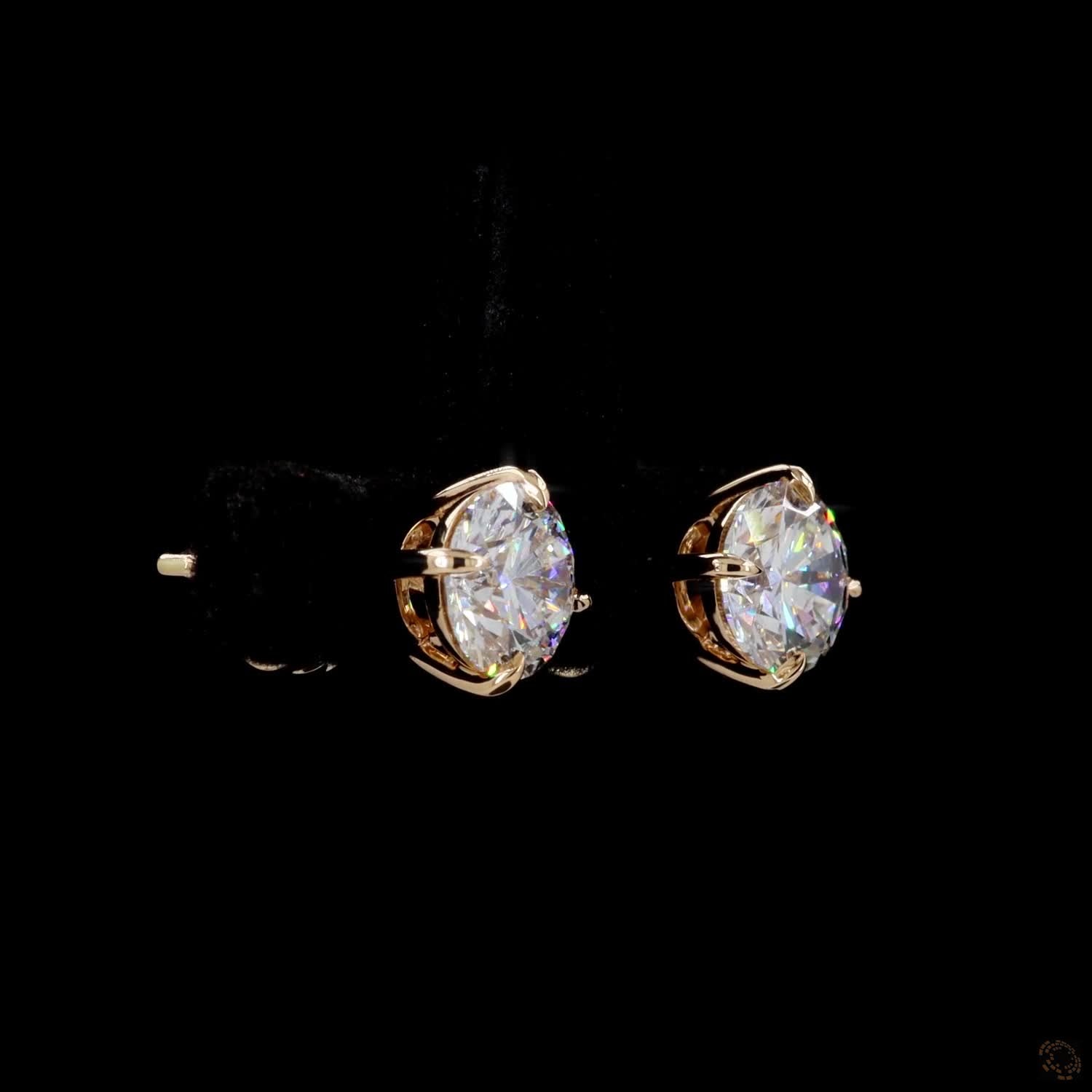 2.08 Ct Solid 14K Yellow Gold Round Brilliant Diamond Stud Earrings – 3-Prong Martini Solitaire Studs