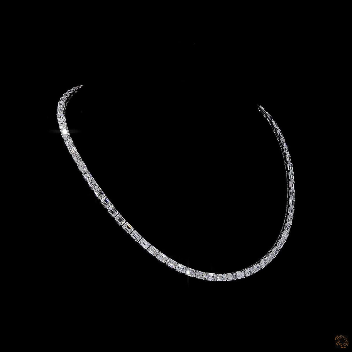 30.22 Ct East-West Emerald Cut Diamond Tennis Necklace | White Gold Riviera Line Necklace