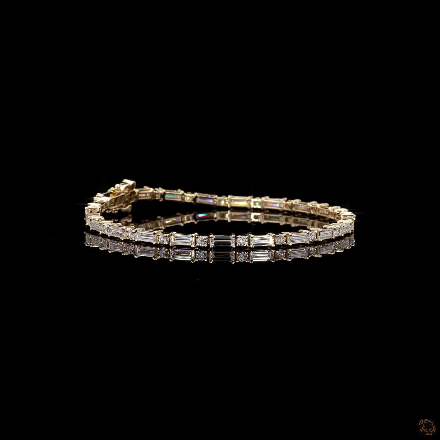 4.02 Ct Alternating Straight Baguette & Round Fancy  Bracelet in 14K Yellow Gold | Baguette Eternity Line Bracelet