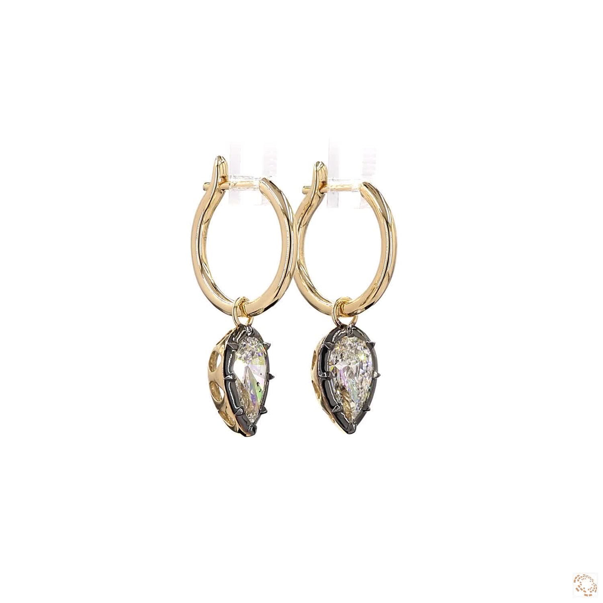 4.16 Ct Pear Cut Diamond Drop Huggie Earrings in 14K Gold | Blackened Bezel Teardrop Dangle Hoops