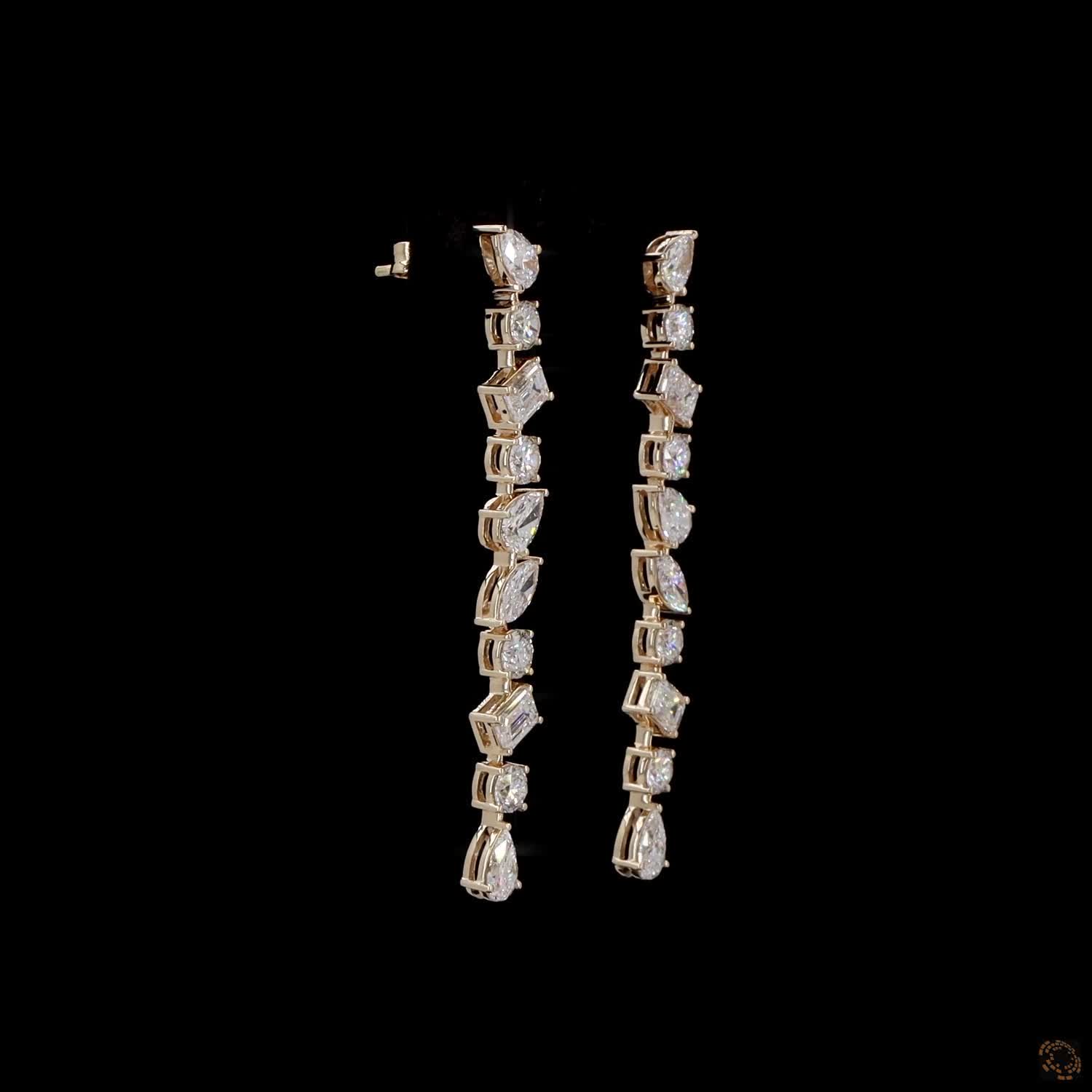 4.62 Ct 14K Gold Multi-Cut Diamond Drop Earrings – Emerald, Pear, Marquise & Round Linear Statement Earrings
