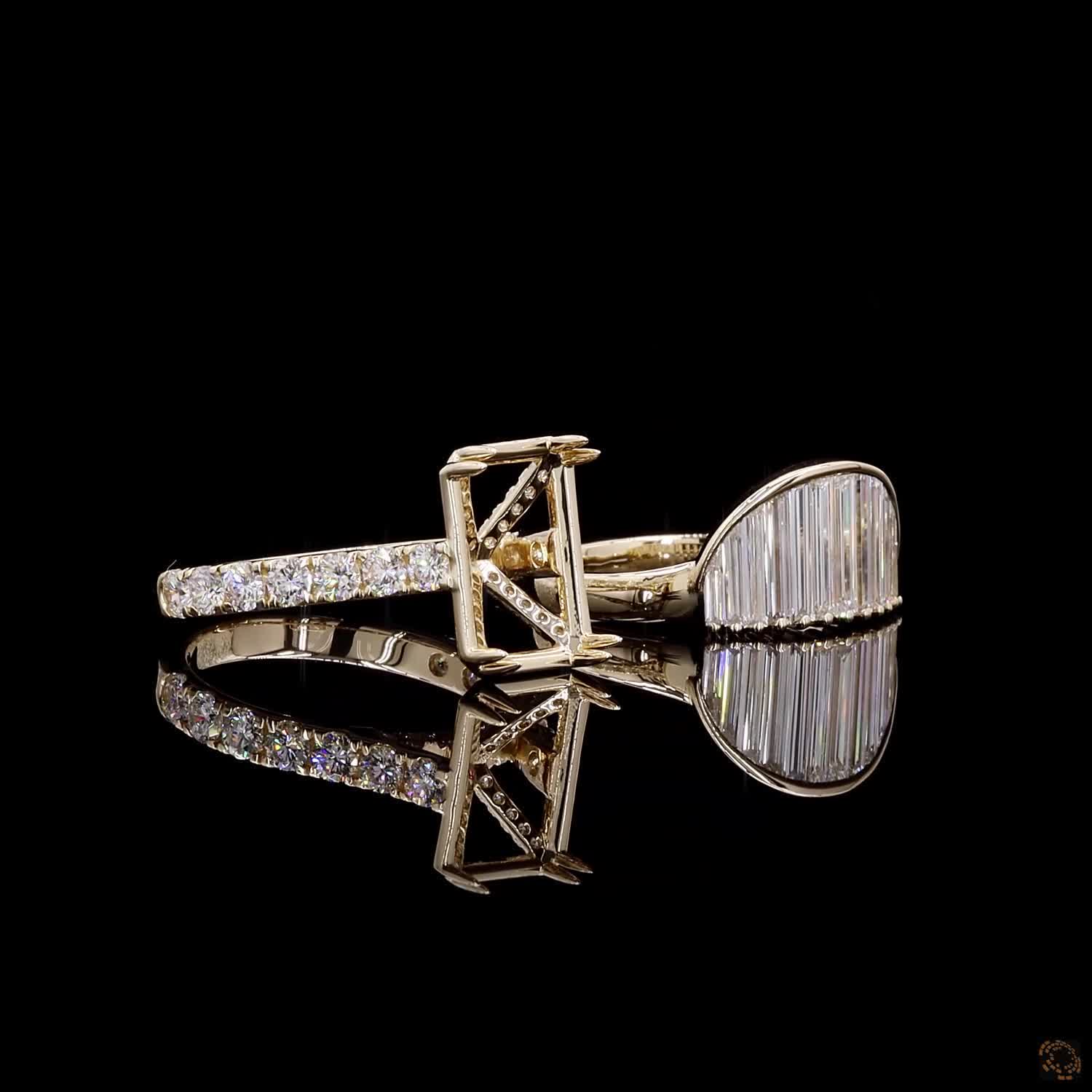 2.24 Ct Avant-garde two-ring bridal set comprising a half-moon shaped band paved with vertical baguette cut diamonds and a complementary high-set semi-mount engagement ring