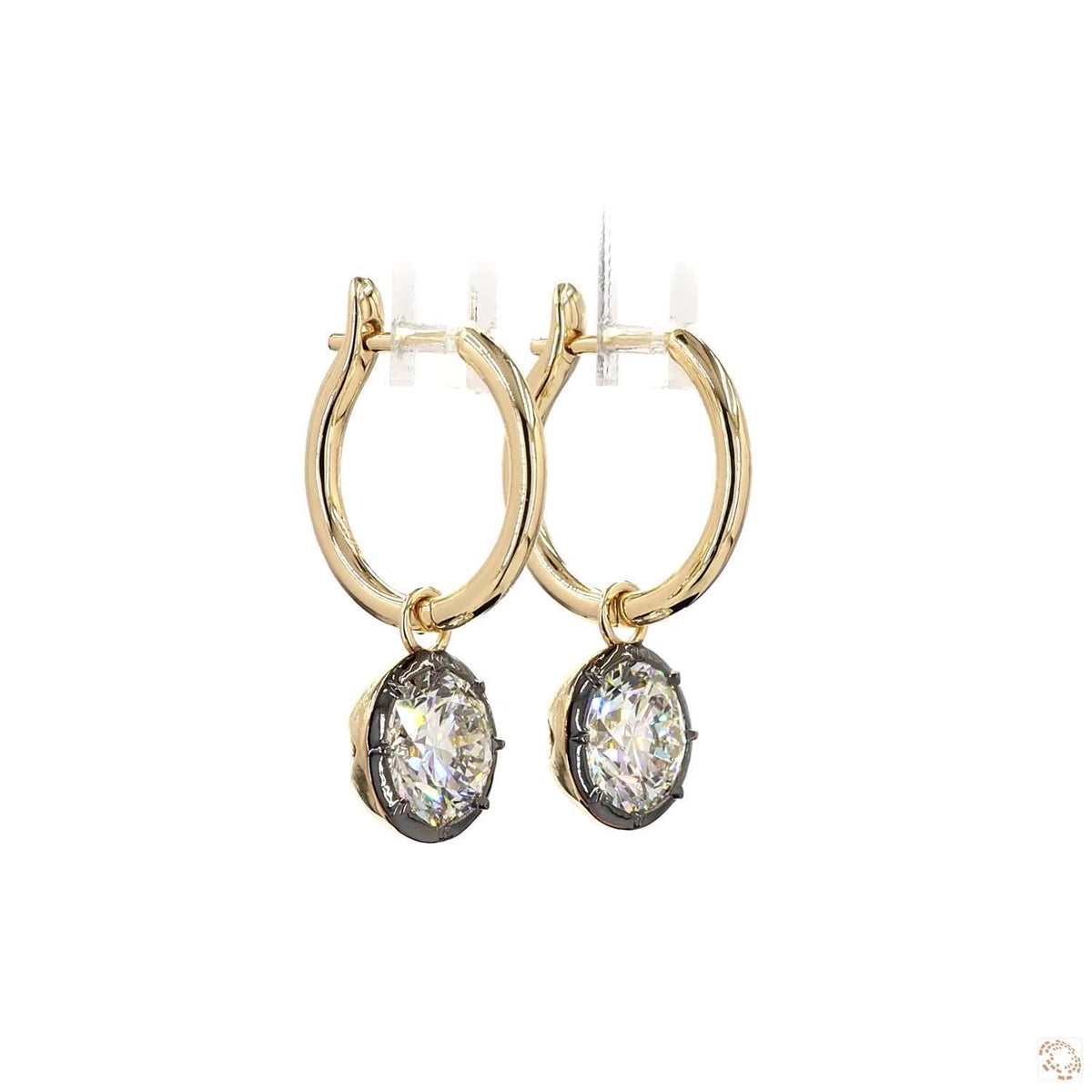 4.01 Ct Round Cut Diamond Drop Huggie Earrings in 14K Gold | Blackened Bezel Solitaire Dangle Hoops