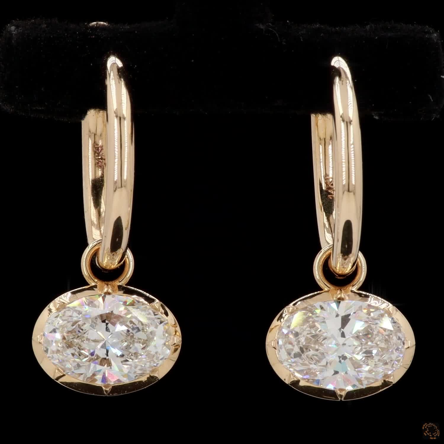3.11 East-West Oval Diamond Huggie Hoop Dangle Earrings in Yellow Gold