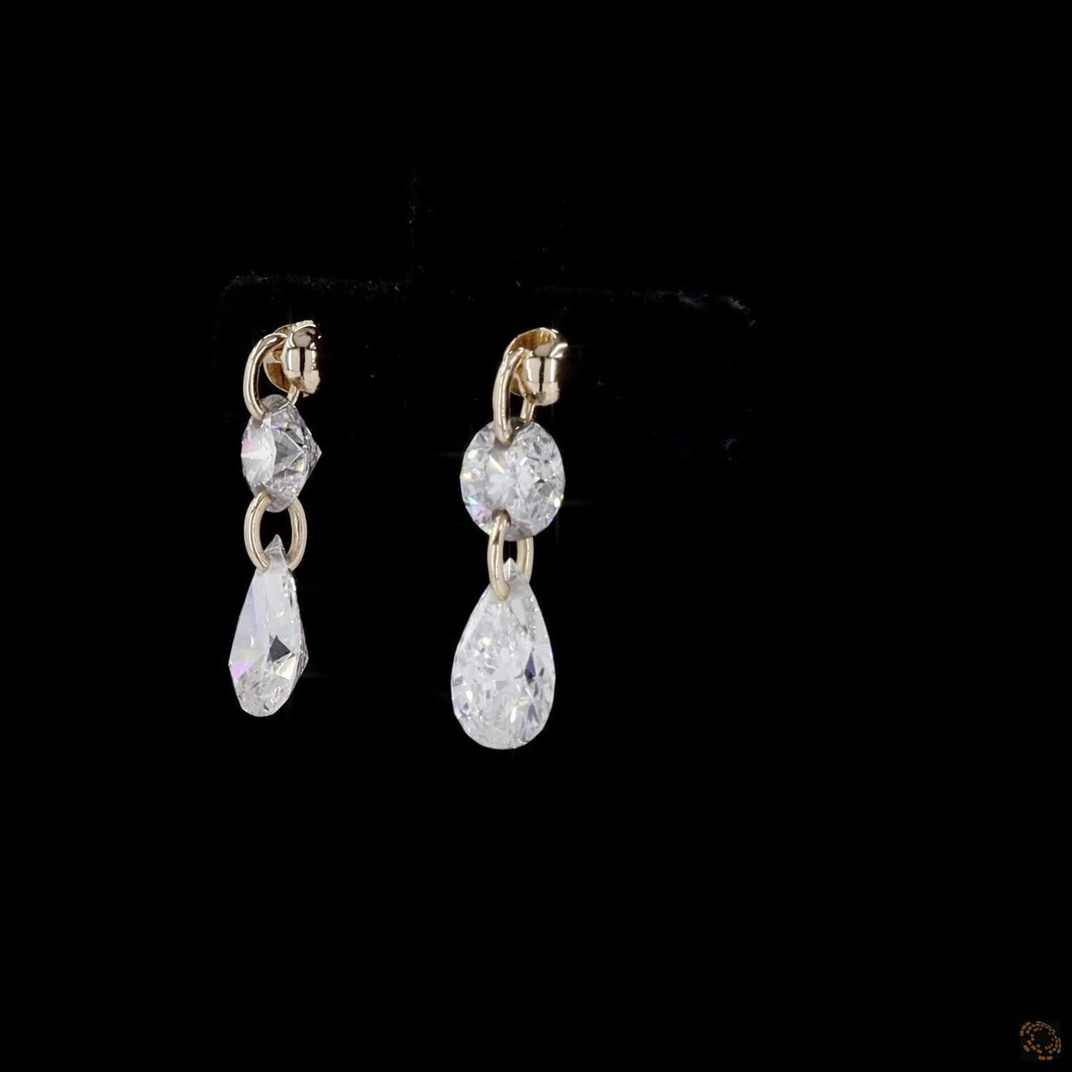 1.89 Ct 14K Yellow Gold Round & Pear Cut Two-Stone Drop Earrings
