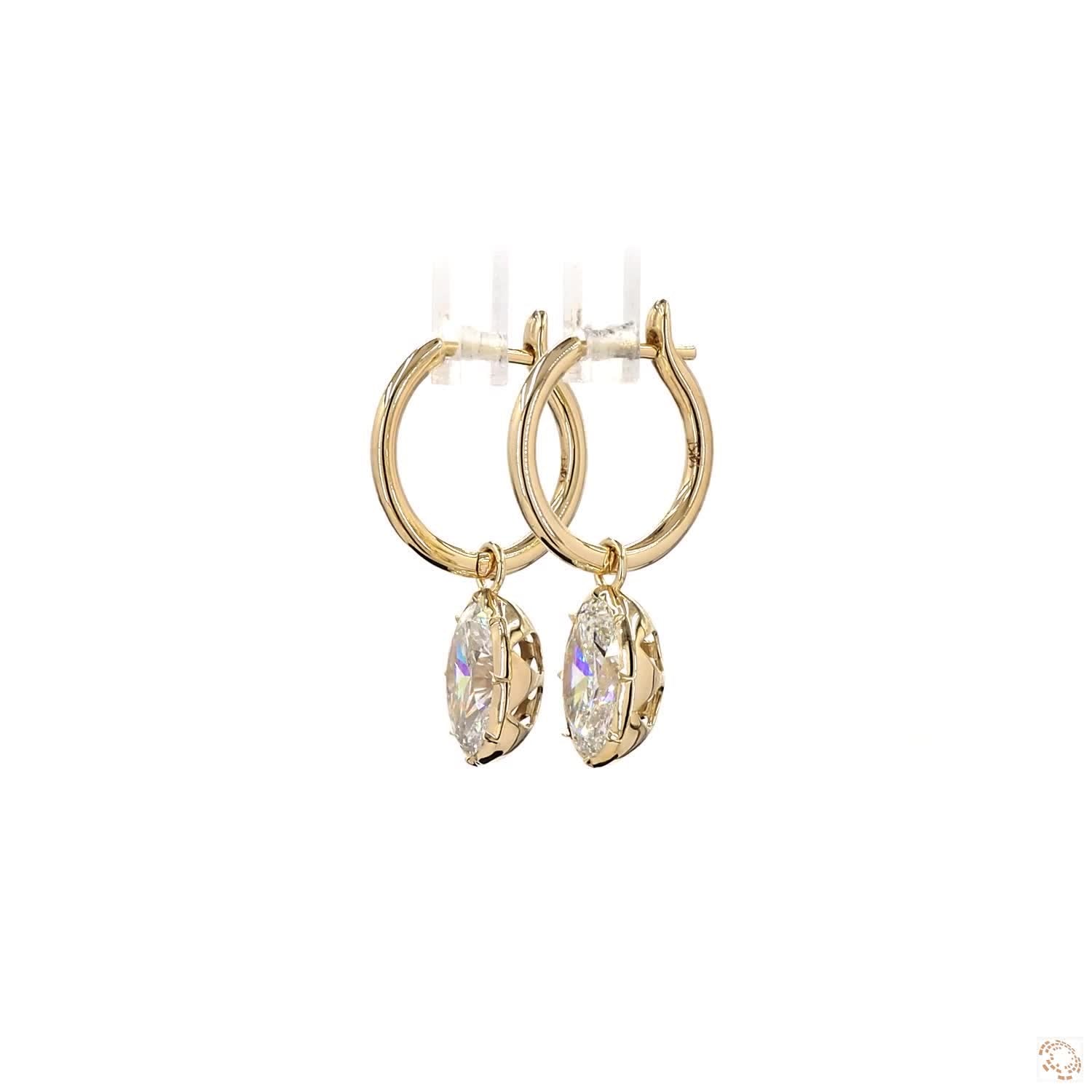 4.25 ct Oval Diamond Dangle Huggie Hoop Earrings, Solid 14K Yellow Gold Solitaire Drop Earrings