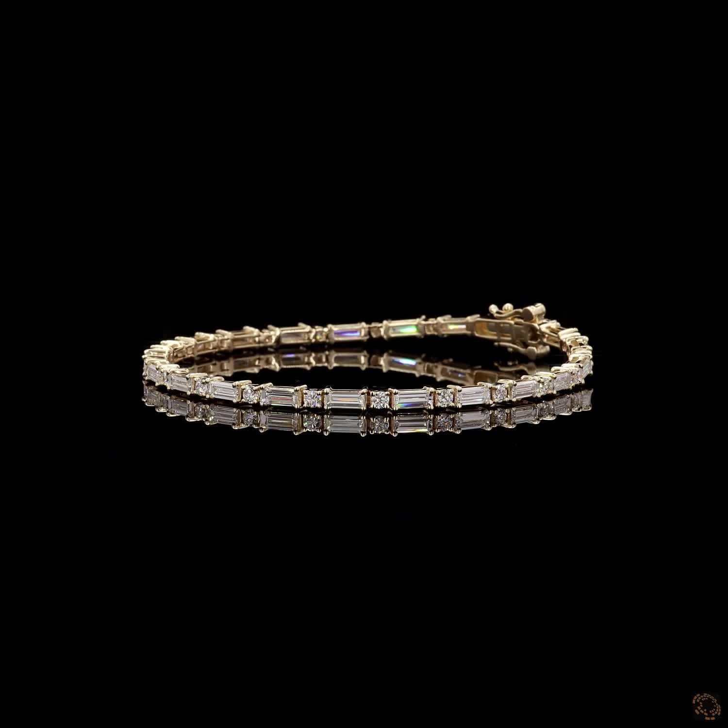 4.02 Ct Alternating Straight Baguette & Round Fancy  Bracelet in 14K Yellow Gold | Baguette Eternity Line Bracelet