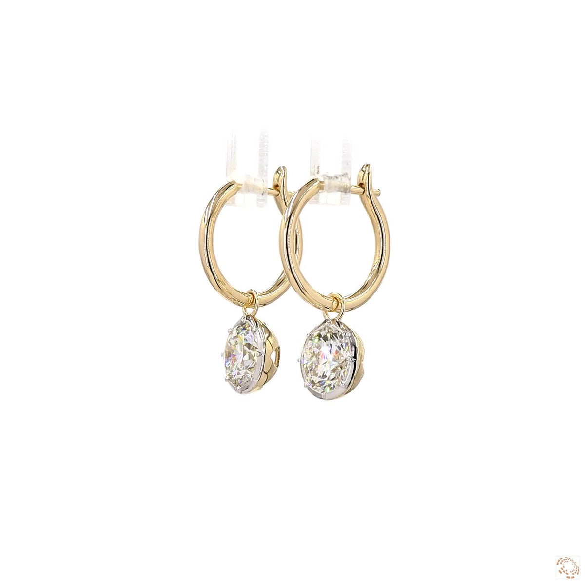 4.10 Ct 14K Gold Round Solitaire Diamond Dangle Hoop Earrings – White Metal Bezel Framed Charm Drops