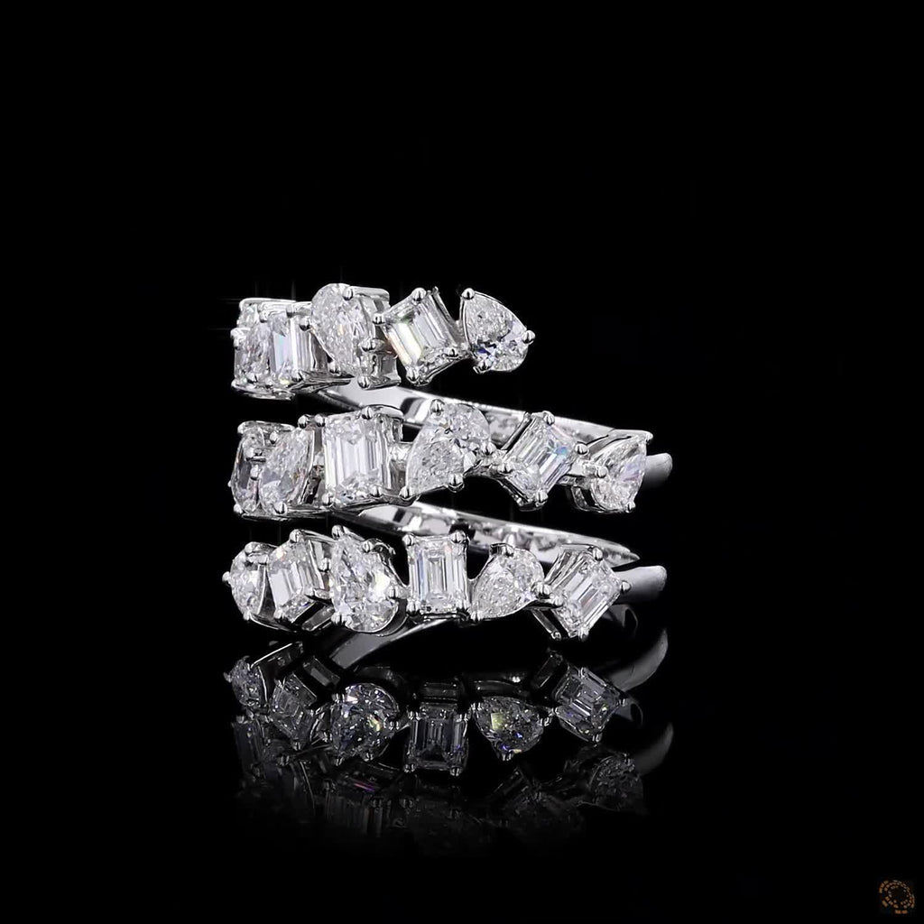 2.73 Ct Natural Emerald with Pear Octagon Shape Diamond Spiral Cuff Ring 14k White Gold