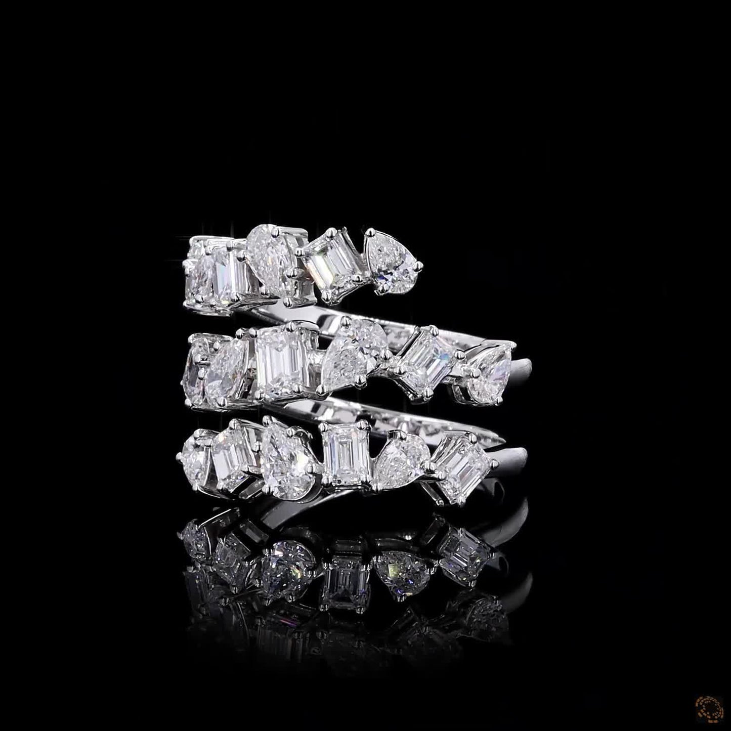 2.73 Ct Natural Emerald with Pear Octagon Shape Diamond Spiral Cuff Ring 14k White Gold