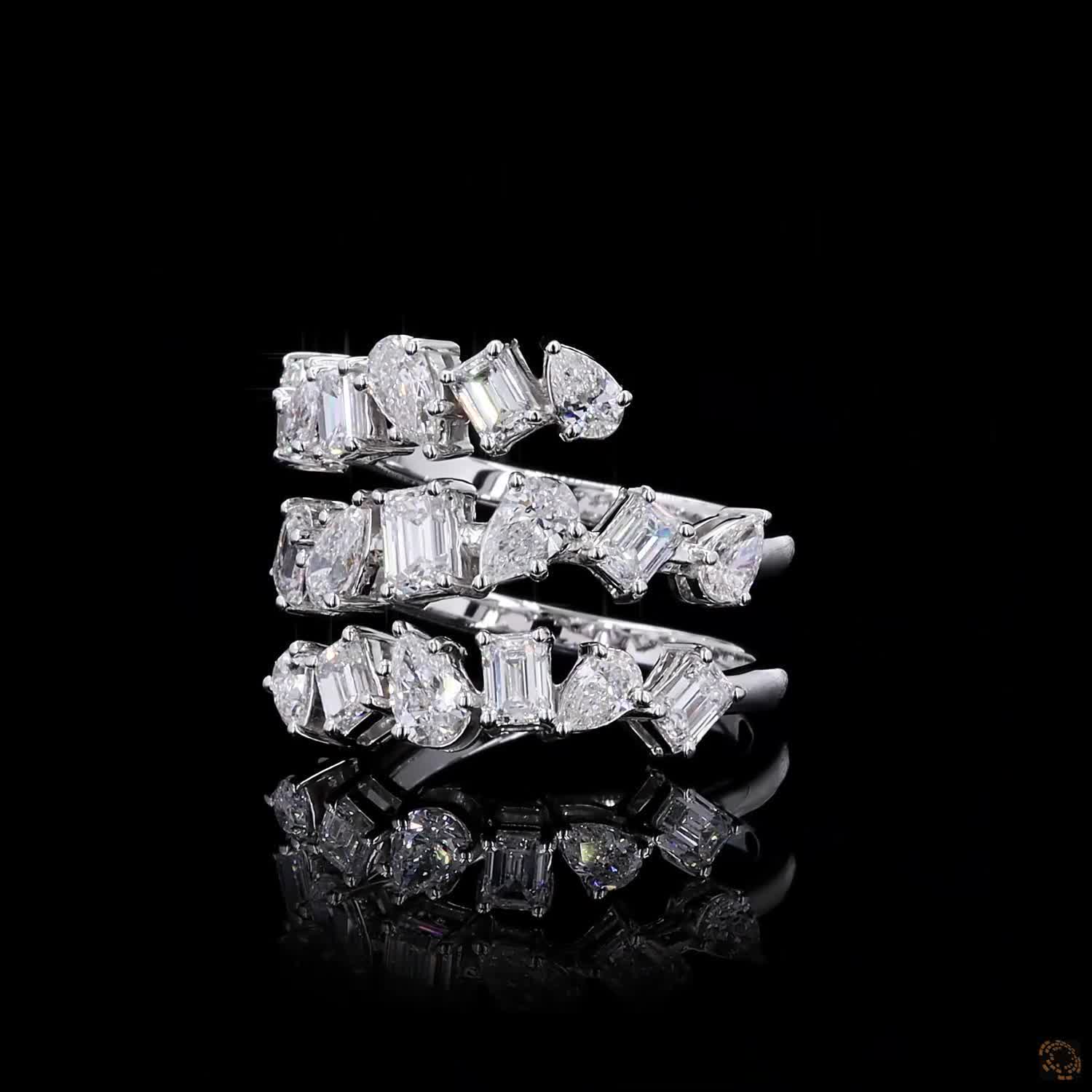 2.73 Ct Natural Emerald with Pear Octagon Shape Diamond Spiral Cuff Ring 14k White Gold