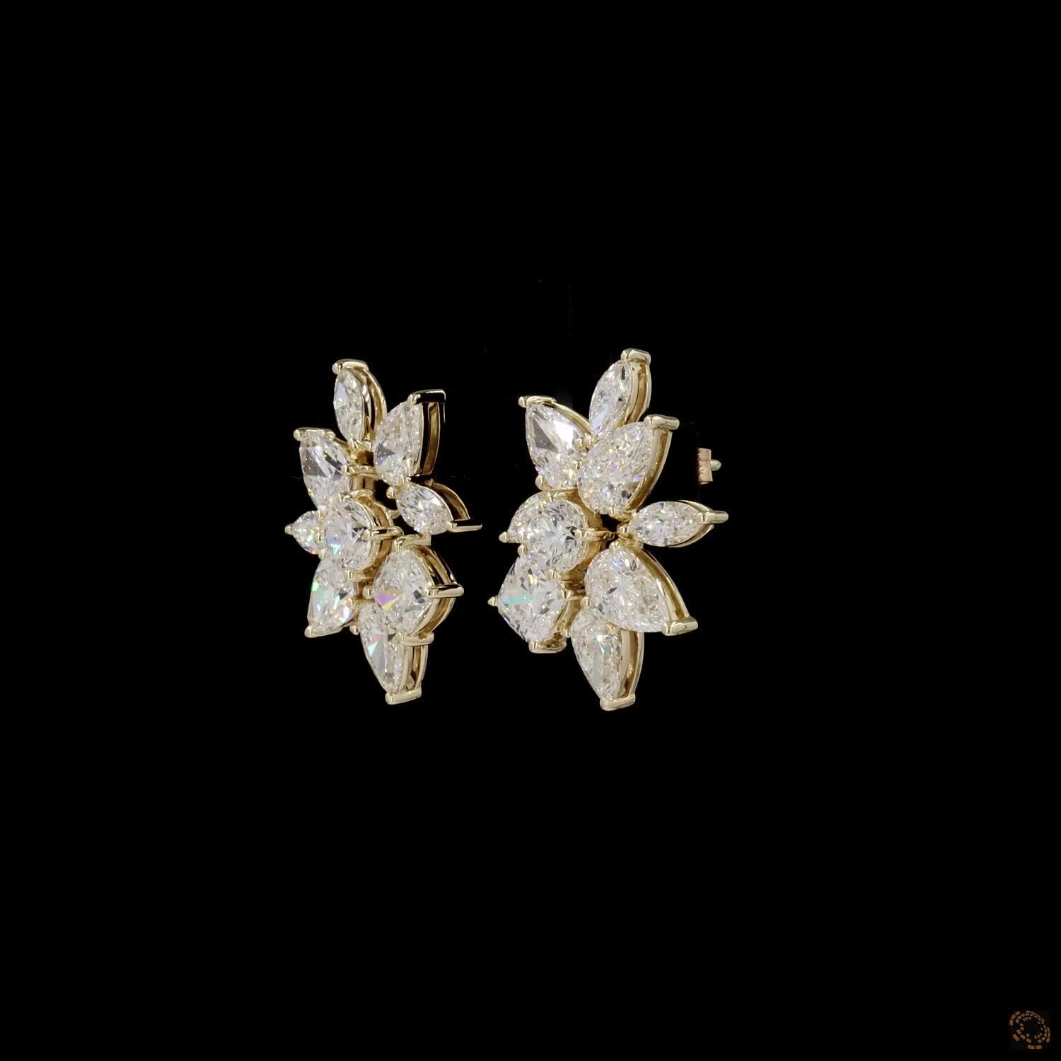 8.37 Ct Mixed Cut Diamond Floral Cluster Earrings in Yellow Gold
