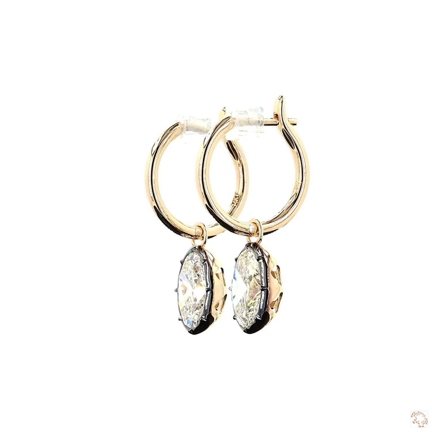 4.18 Ct Oval Cut Diamond Dangle Huggie Hoop Earrings, 14K Gold & Black Rhodium Oval Solitaire Drops
