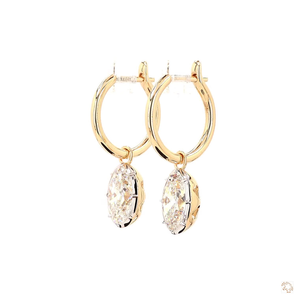 4.20 Ct Oval Cut Diamond Drop Huggie Earrings in 14K Two-Tone Gold | Vertical Solitaire Dangle Hoops