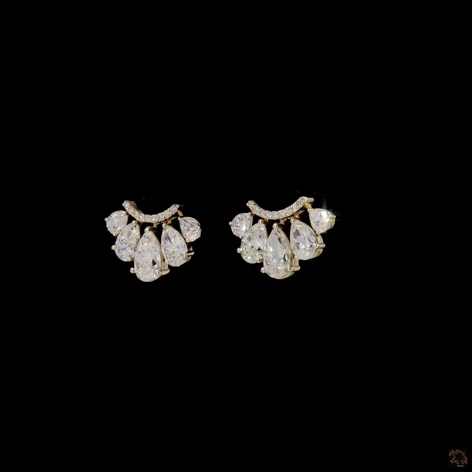 3.12 Pear Diamond Fan Cluster Stud Earrings in Yellow Gold