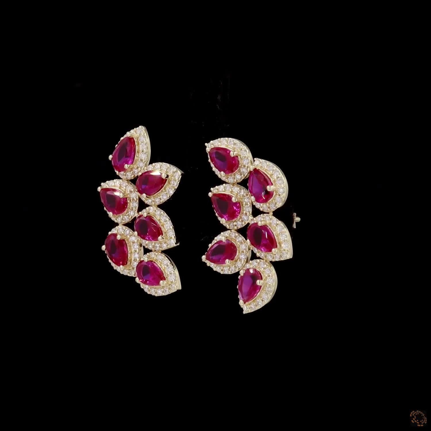 0.95  Ct Pear Cut Ruby & Diamond Halo Ear Climbers | Gold Leaf Cluster Earrings