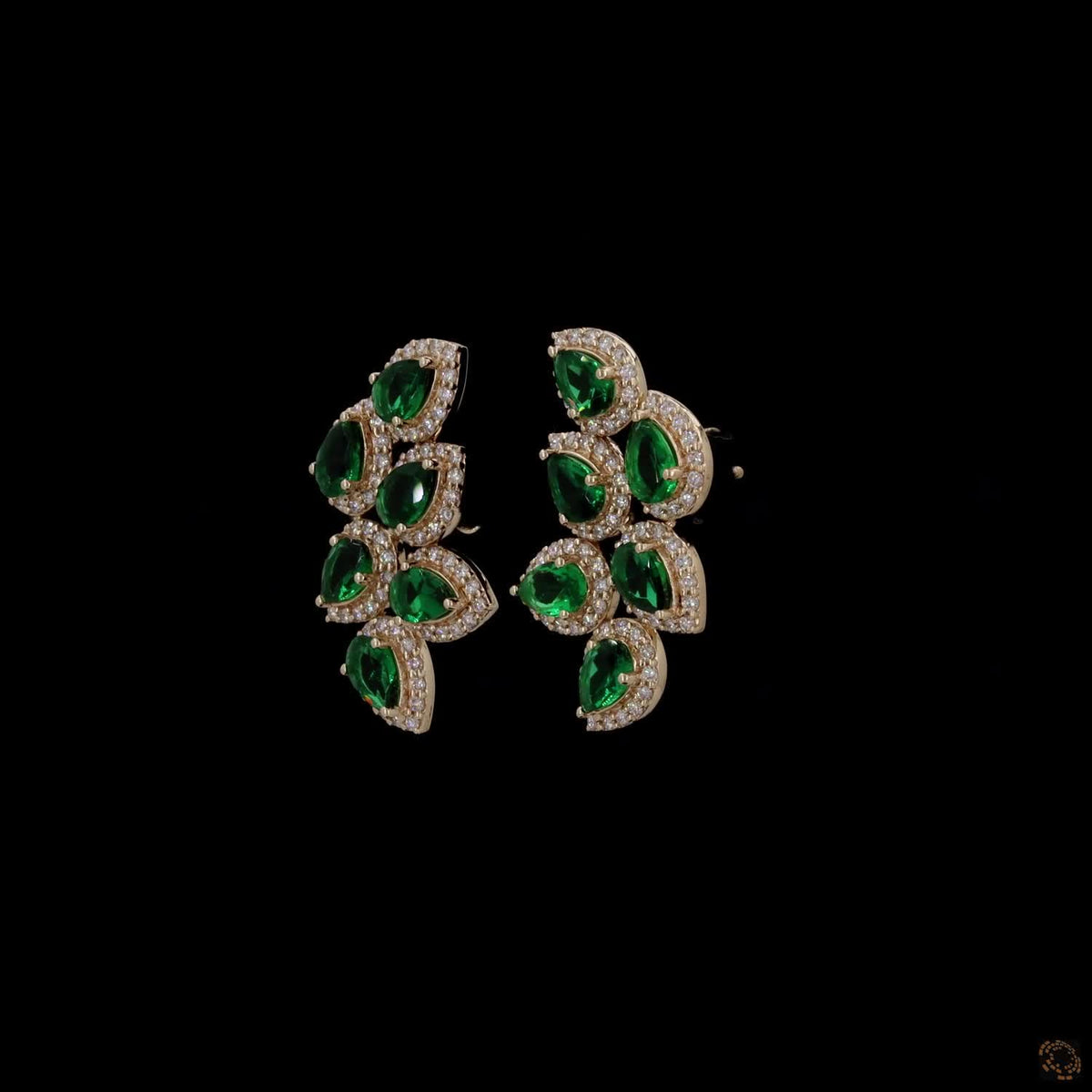 0.97 Ct Yellow Gold Simulated Emerald Ear Crawlers, Pear Shape Halo Vine Cluster Earrings, Statement Evening & Bridal Fine Jewelry
