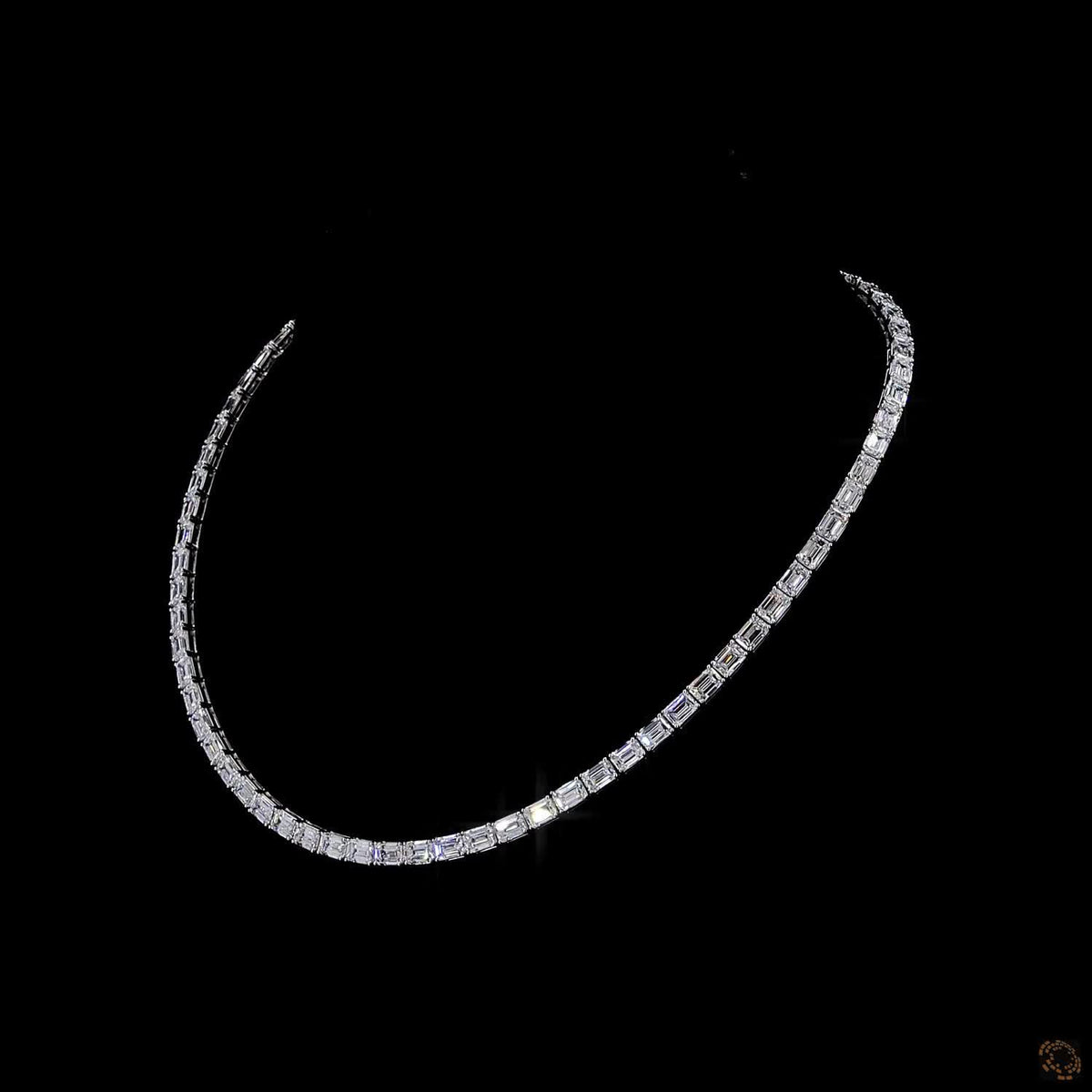 30.22 Ct East-West Emerald Cut Diamond Tennis Necklace | White Gold Riviera Line Necklace