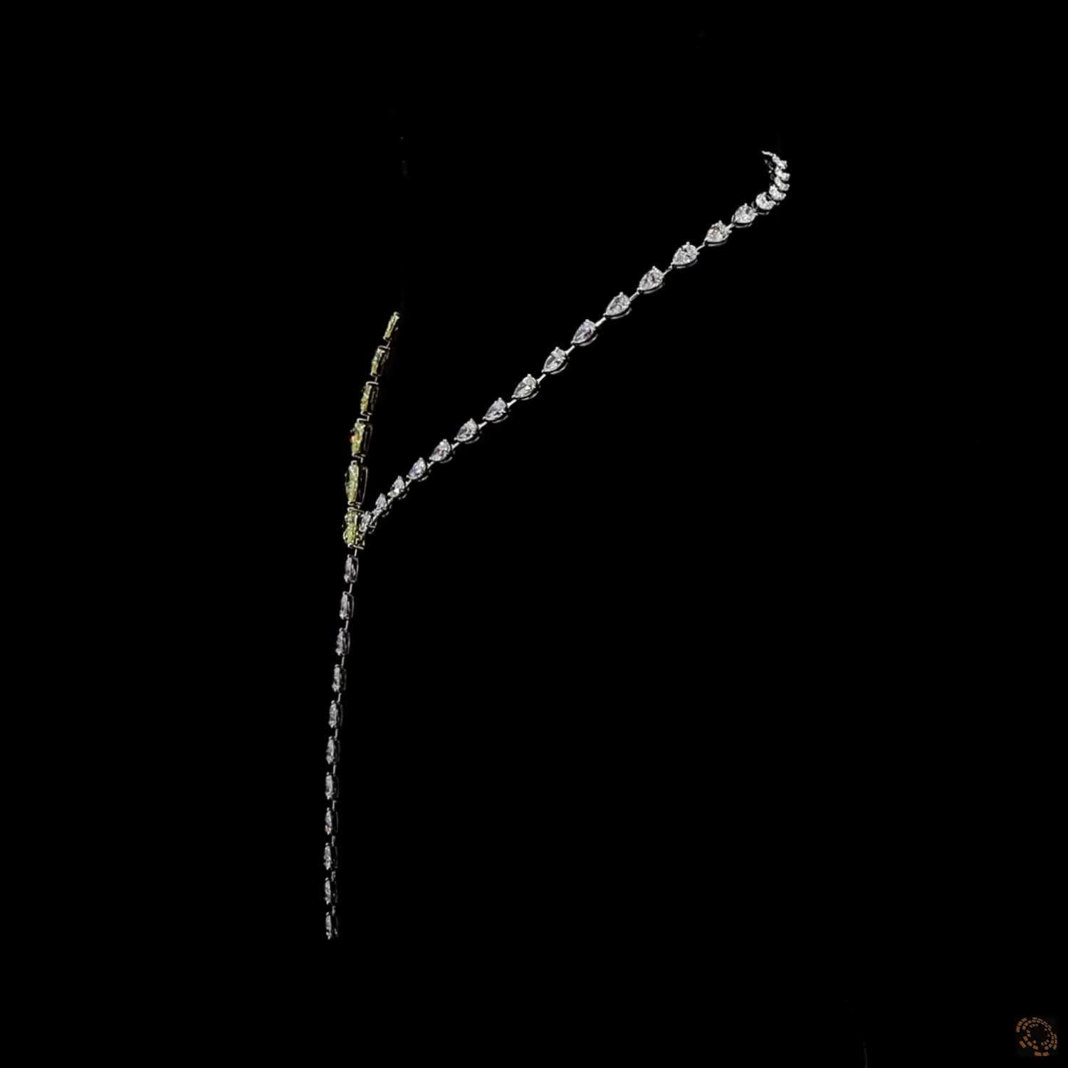 23.63 Ct Fancy Yellow & White Pear Cut Diamond Lariat Tennis Necklace