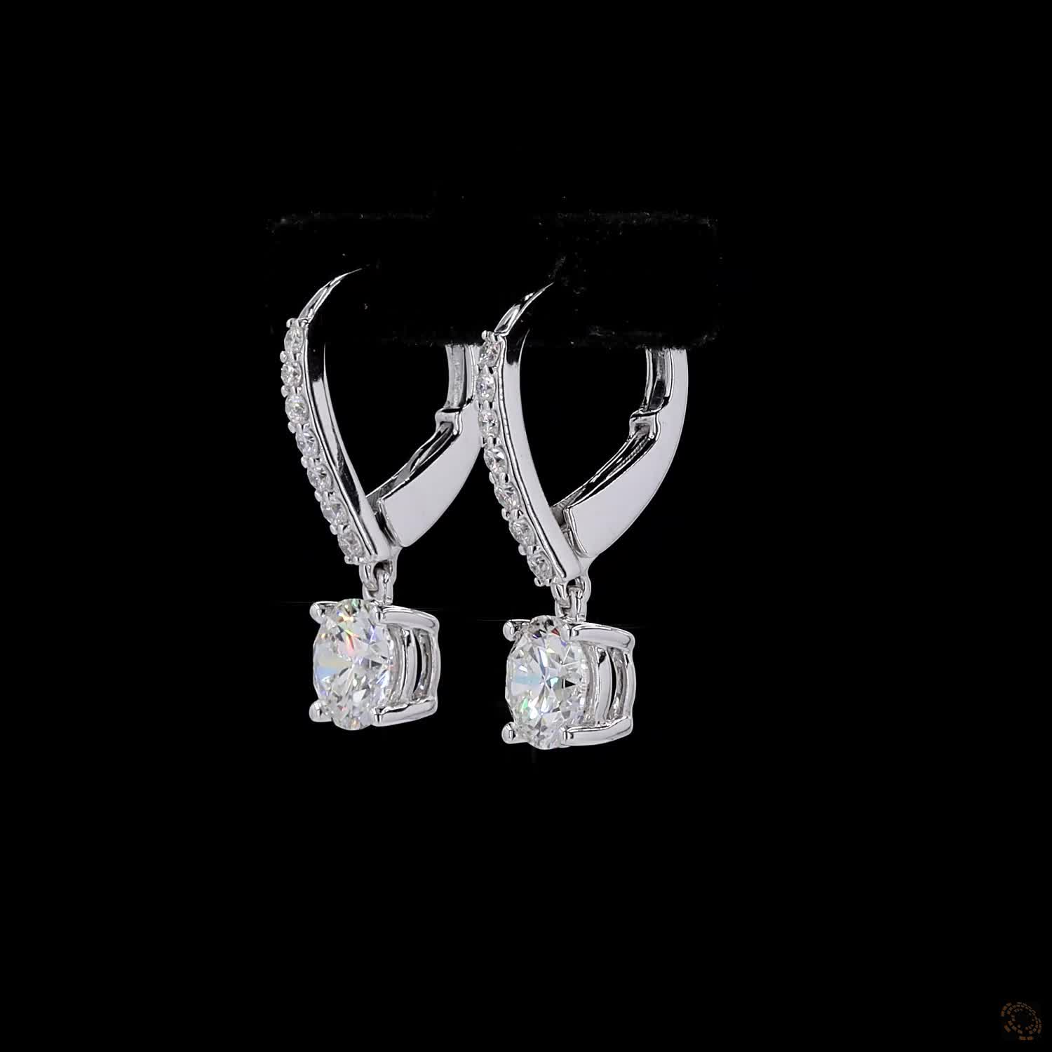 2.33 Ct Round Diamond Solitaire Dangle Earrings with Pavé Leverback Wire in White Gold