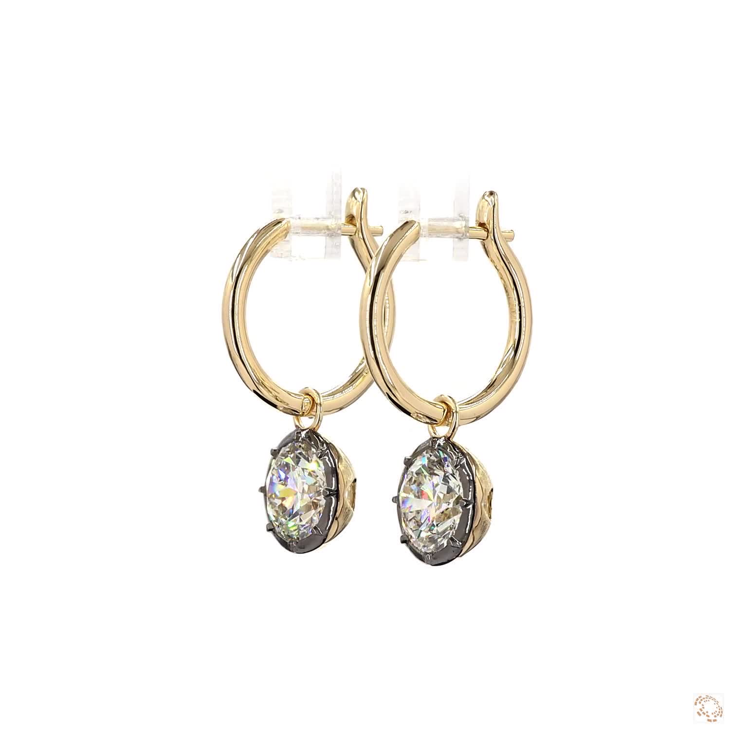 4.01 Ct Round Cut Diamond Drop Huggie Earrings in 14K Gold | Blackened Bezel Solitaire Dangle Hoops