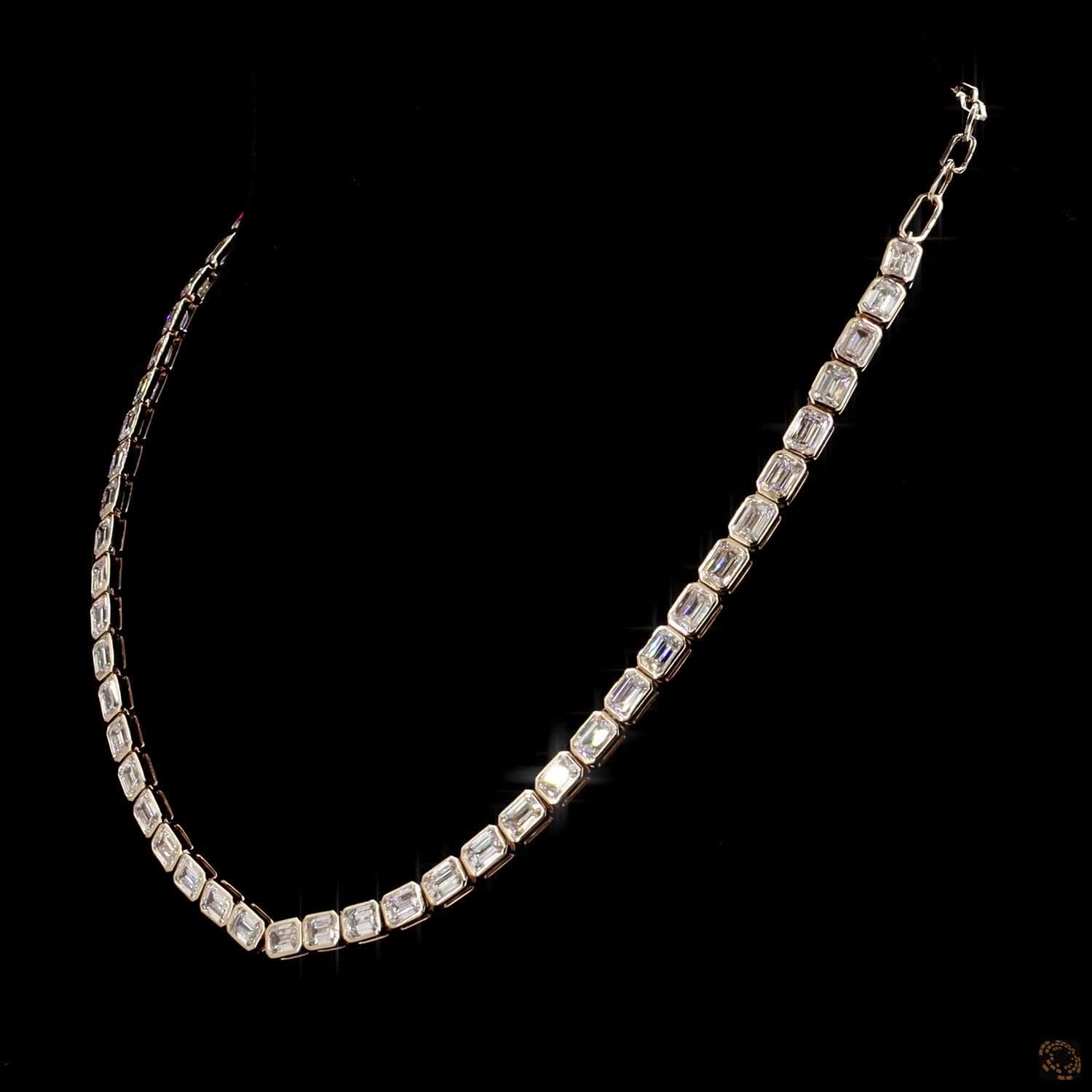 16.11 Ct Bezel Set Emerald Cut Lab Grown Diamond Tennis Necklace | Minimalist Luxury Jewelry