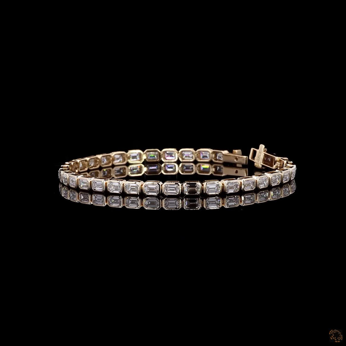 8.71 Ct East-West Emerald Cut Bezel SeTennis  Bracelet in 14K Yellow Gold | Bezel Step Cut Eternity Line Bracelet