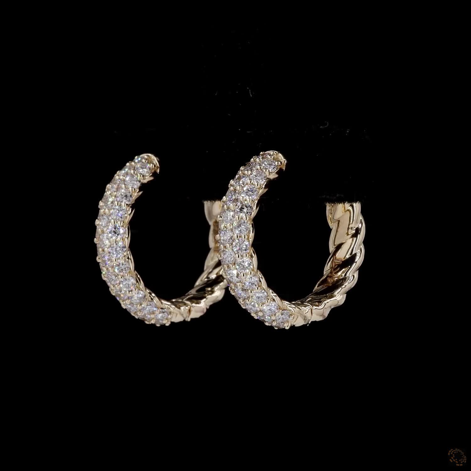 0.87 Ct Solid 14K Yellow Gold Multi-Row Diamond Pavé Hoop Earrings – Twisted Cable Rope Back Diamond Huggies / Hoops