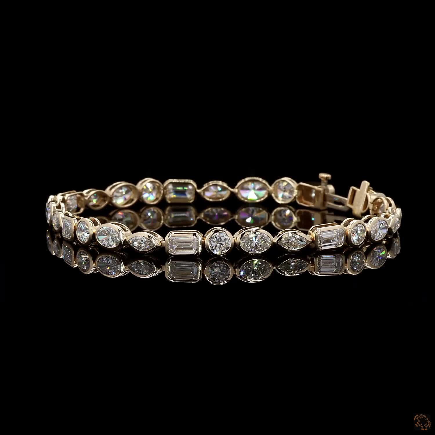 9.27 Ct 14K Yellow Gold Multi-Shape Cut Bezel Fancy Bracelet with Double Latch Box Clasp