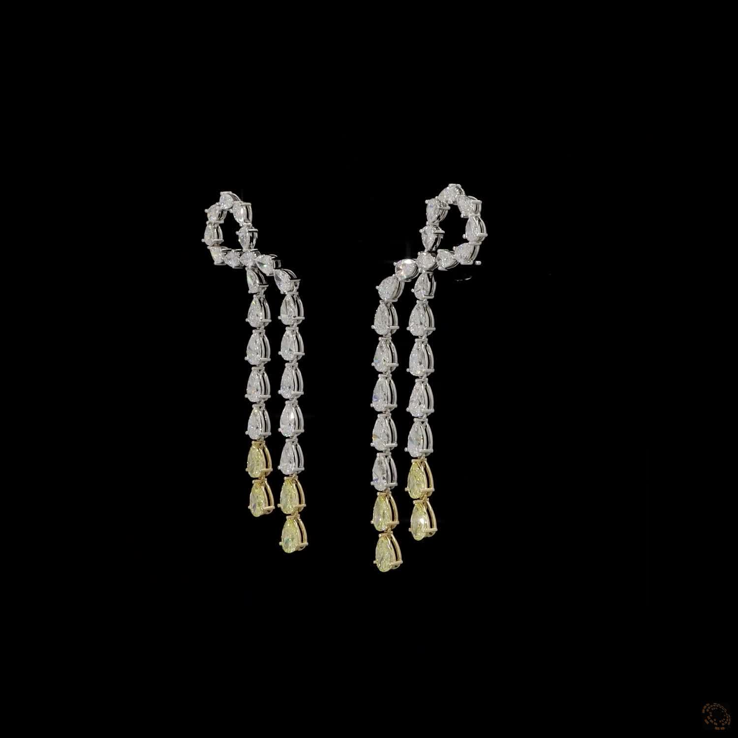 14.88 Ct Pear Cut Diamond Bow Ribbon Waterfall Drop Earrings | White & Fancy Yellow Diamond Dangle Earrings